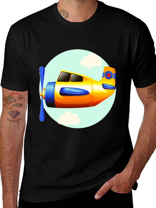 Cartoon Airplane Graphic Tee - Black Cotton T-Shirt