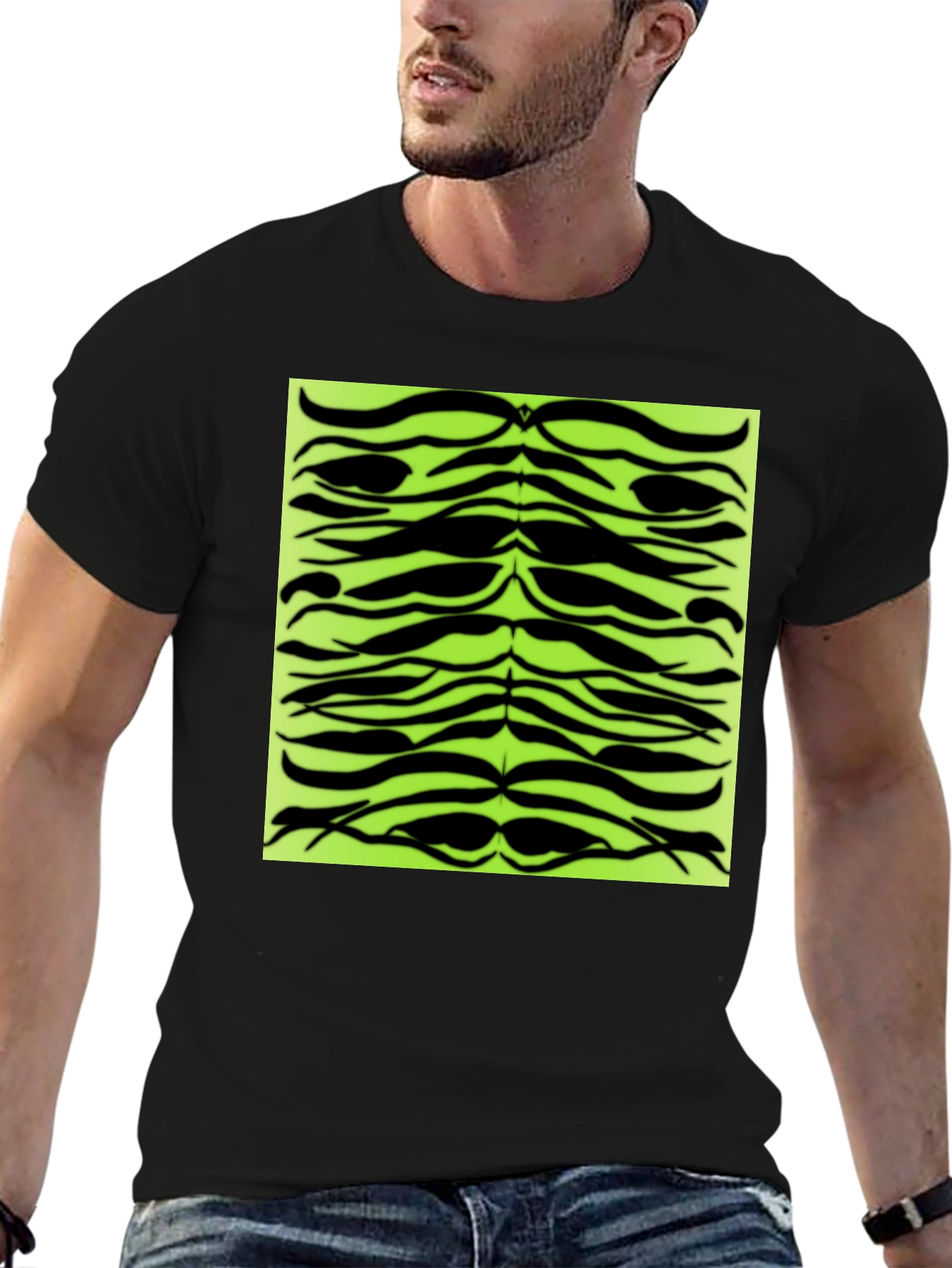 Trendy Black T-Shirt with Abstract Green Pattern