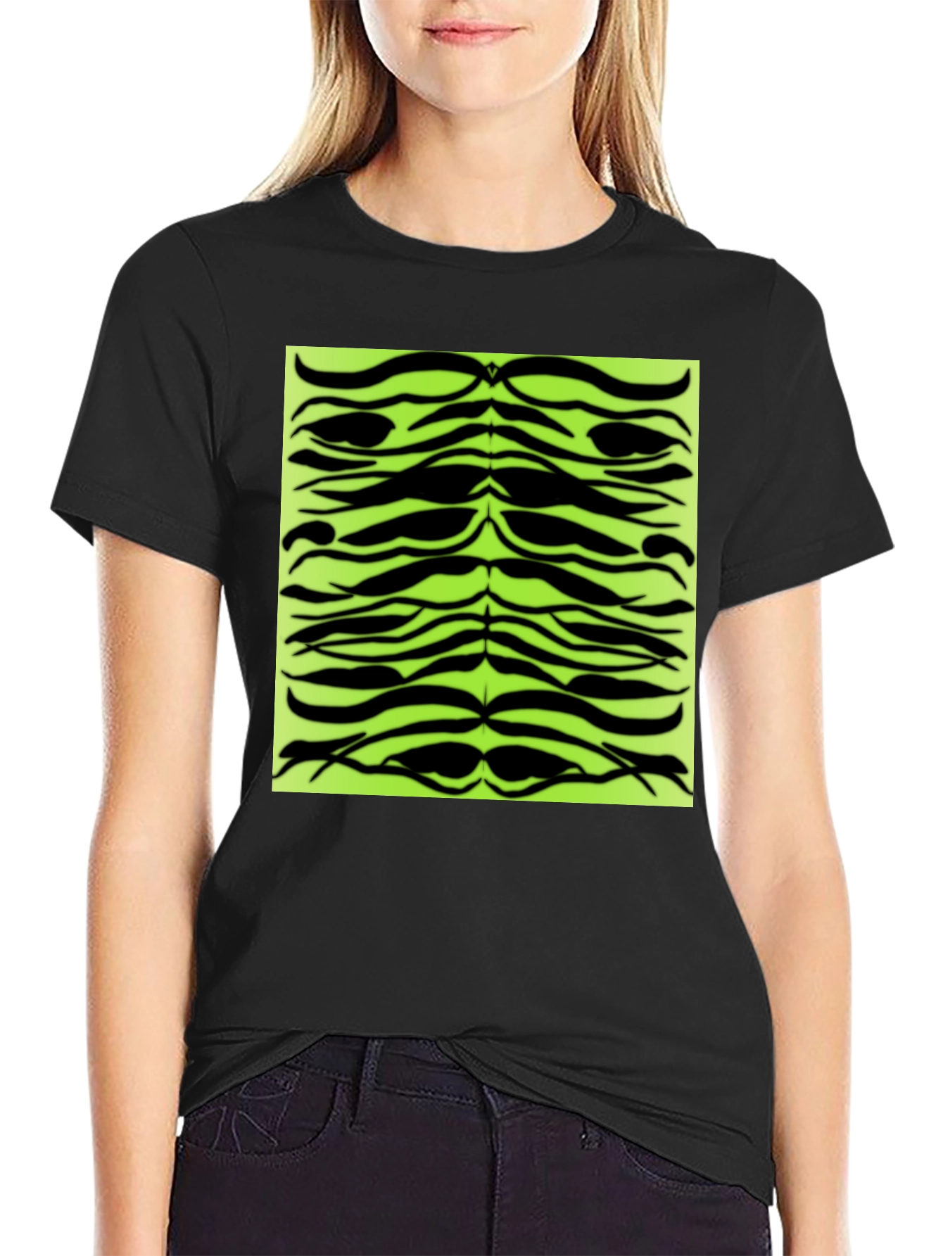 Trendy Black T-Shirt with Abstract Green Pattern