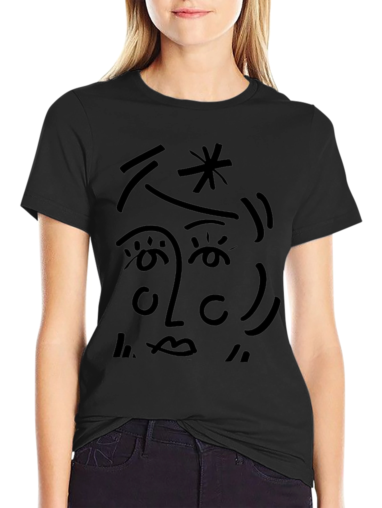 Abstract Face Graphic Tee - Stylish Black T-Shirt