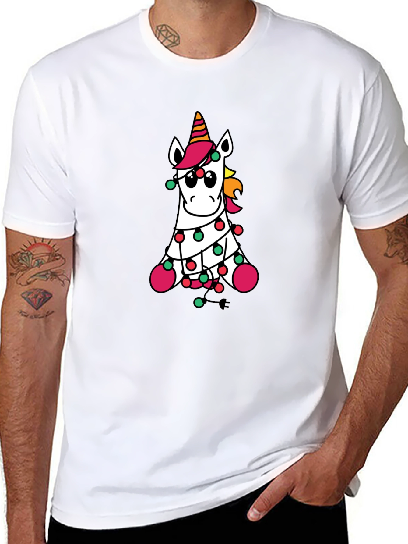 Unicorn Christmas Lights Black T-Shirt