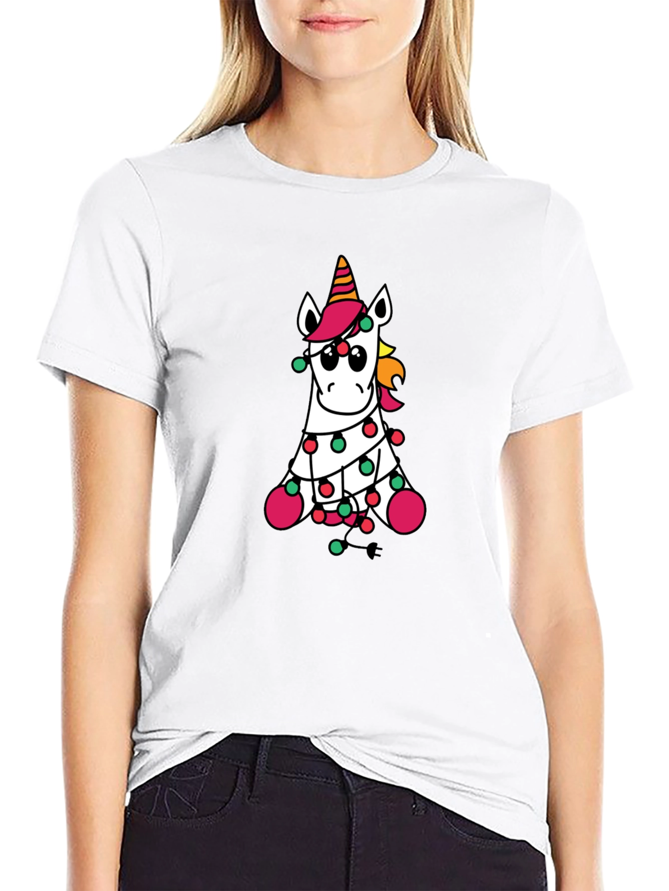 Unicorn Christmas Lights Black T-Shirt