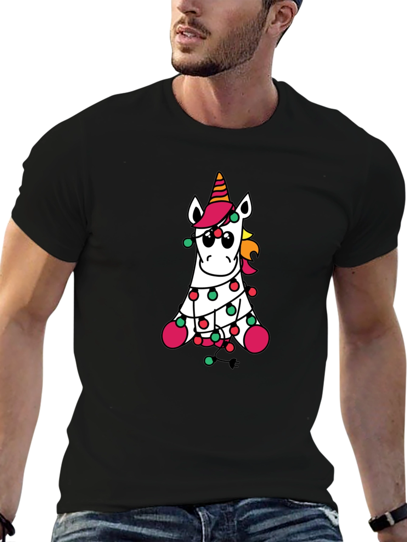 Unicorn Christmas Lights Black T-Shirt