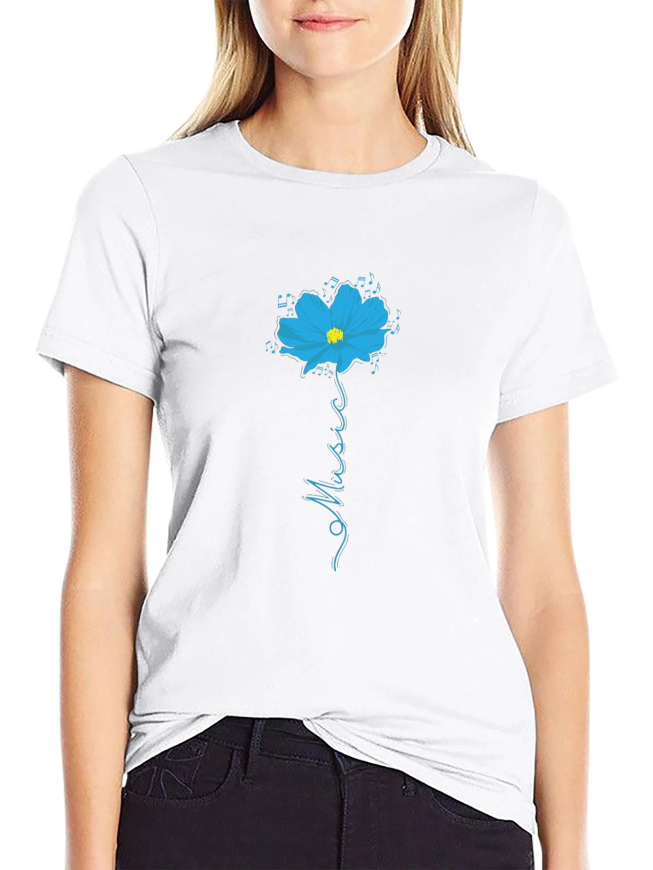 Black T-Shirt with Floral Music Graphic