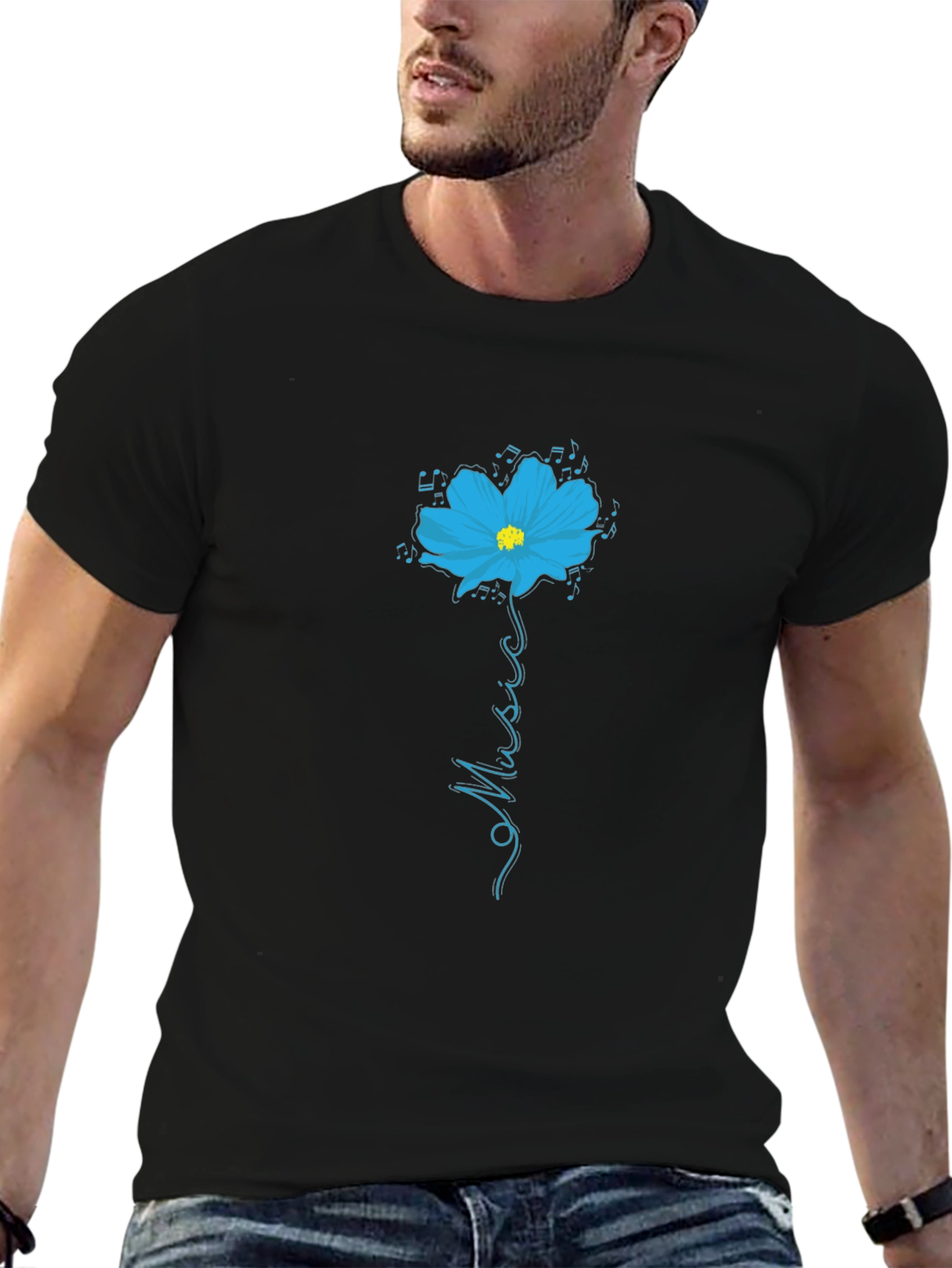 Black T-Shirt with Floral Music Graphic