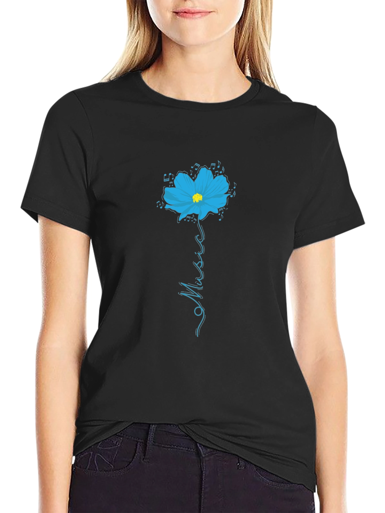 Black T-Shirt with Floral Music Graphic