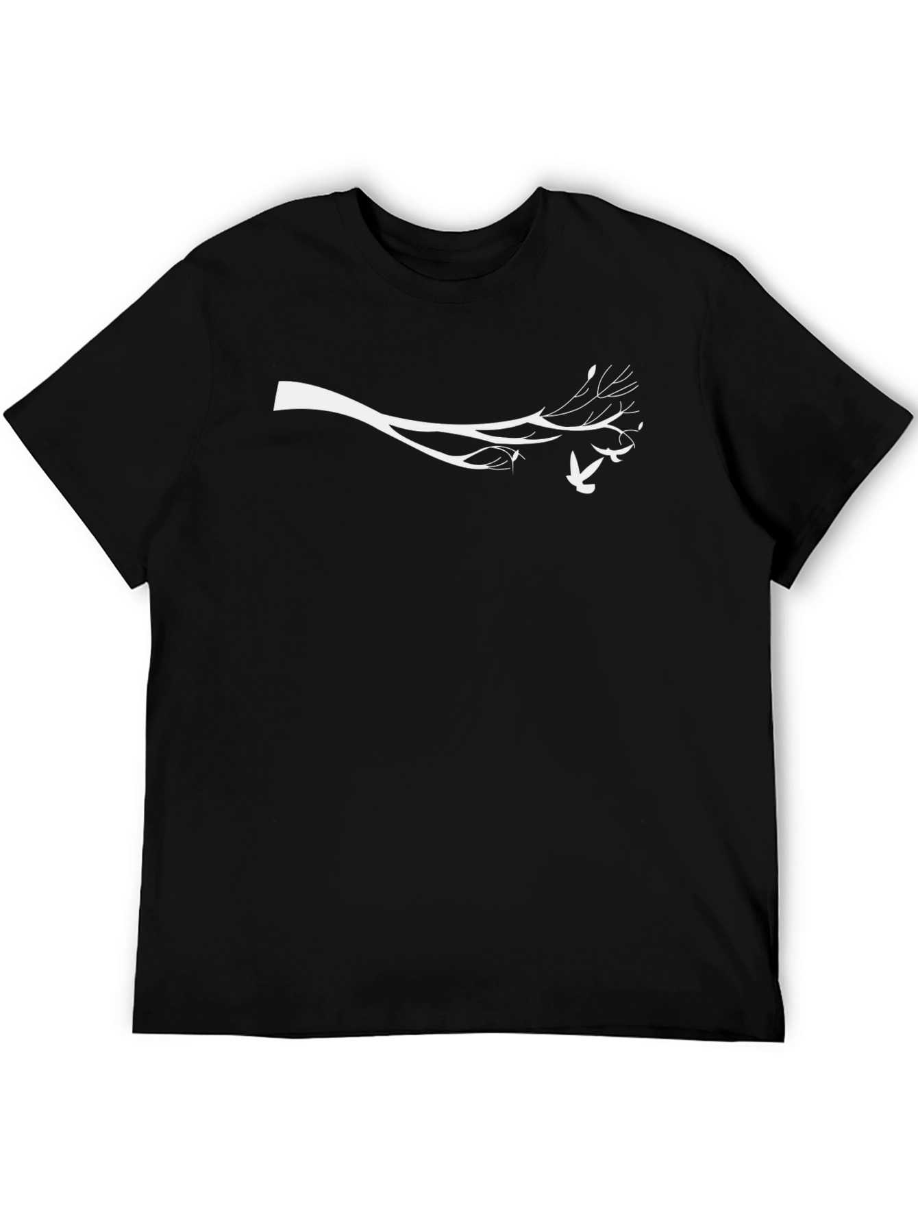 Mens Black Tee with White Branch and Bird Design