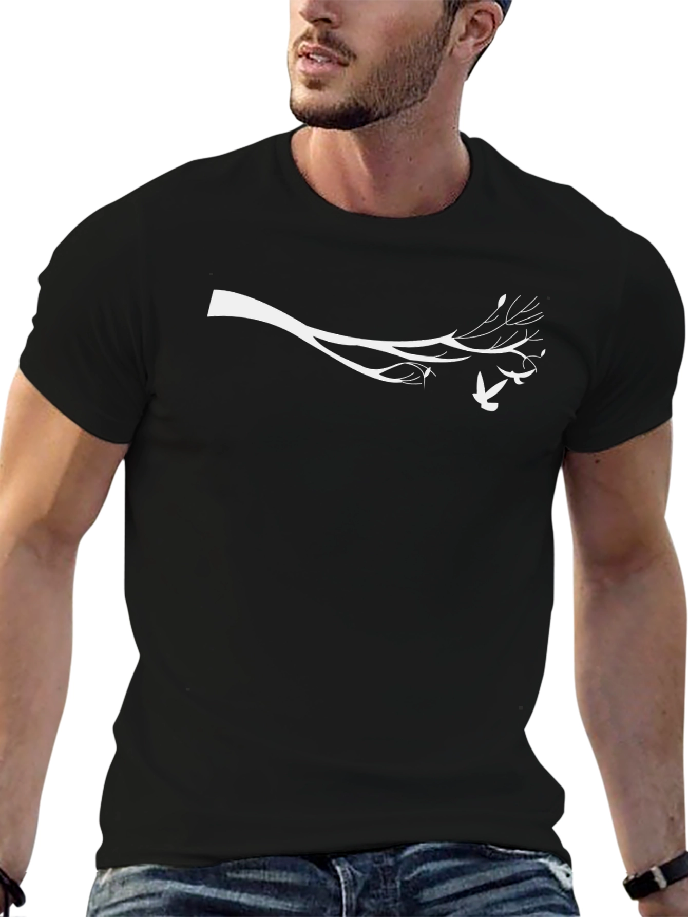 Mens Black Tee with White Branch and Bird Design
