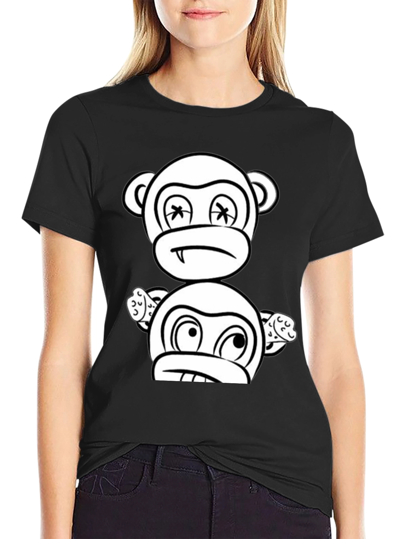 Cartoon Monkey Graphic Black T-Shirt