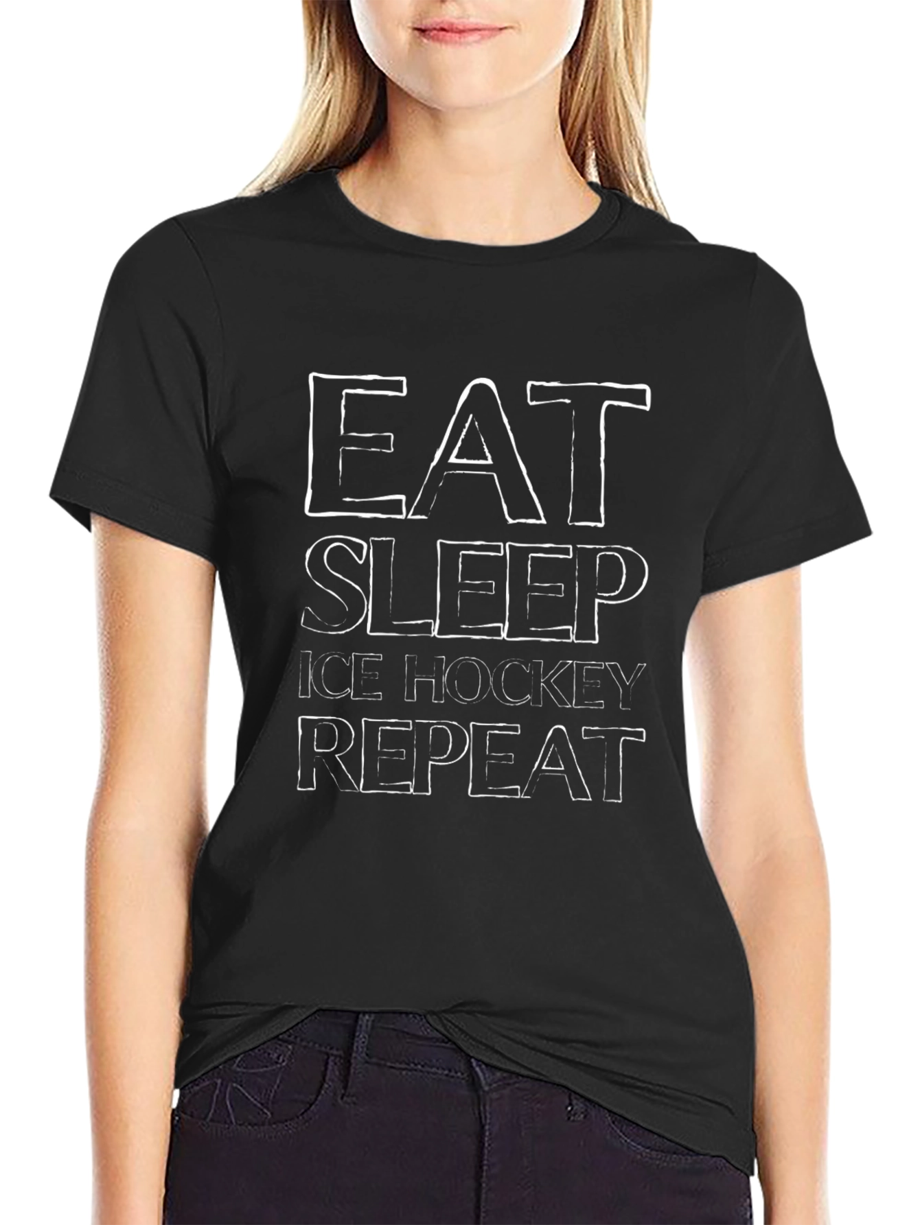 Eat Sleep Ice Hockey Repeat Black Graphic T-Shirt