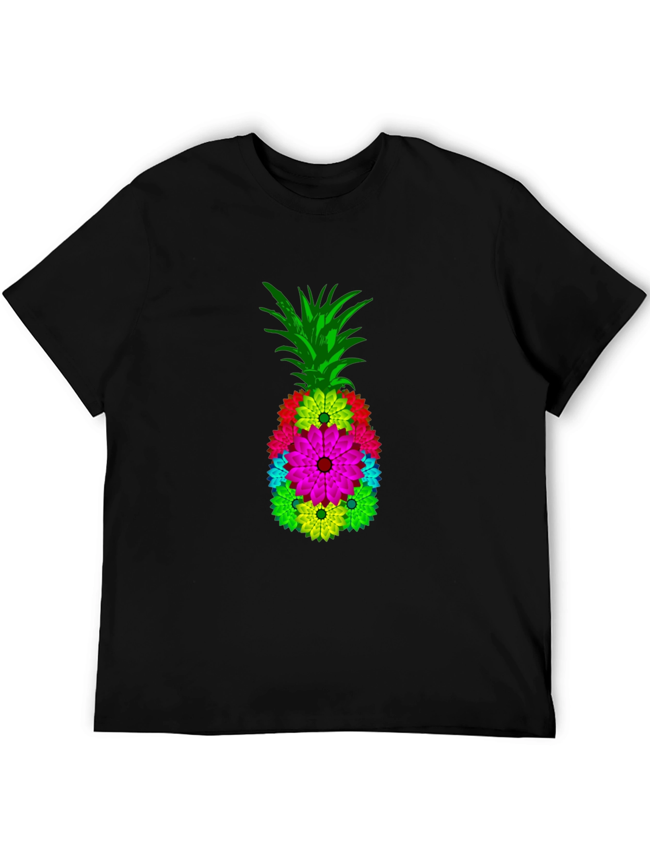 Floral Pineapple Graphic Tee - Black Cotton Blend