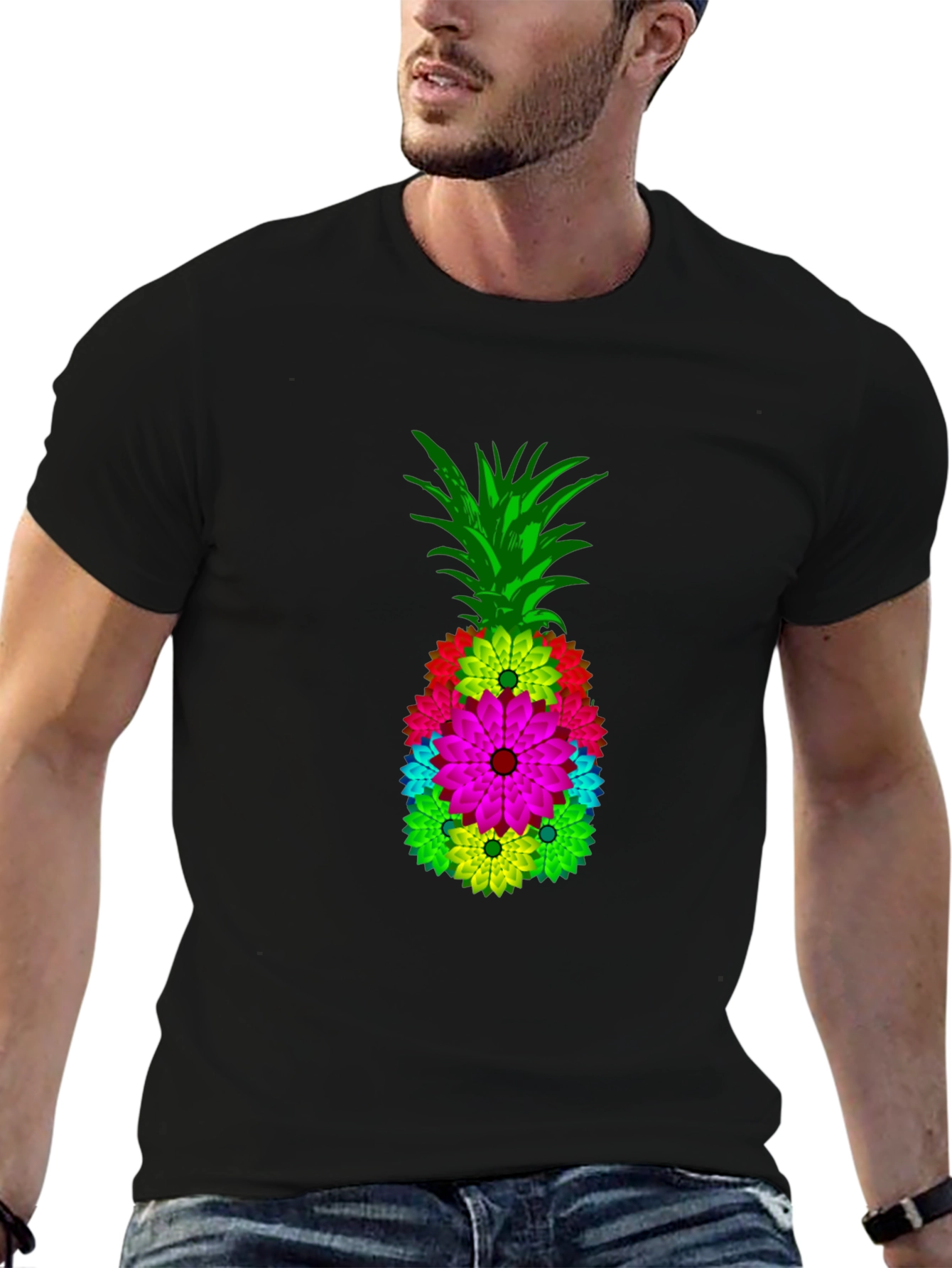 Floral Pineapple Graphic Tee - Black Cotton Blend