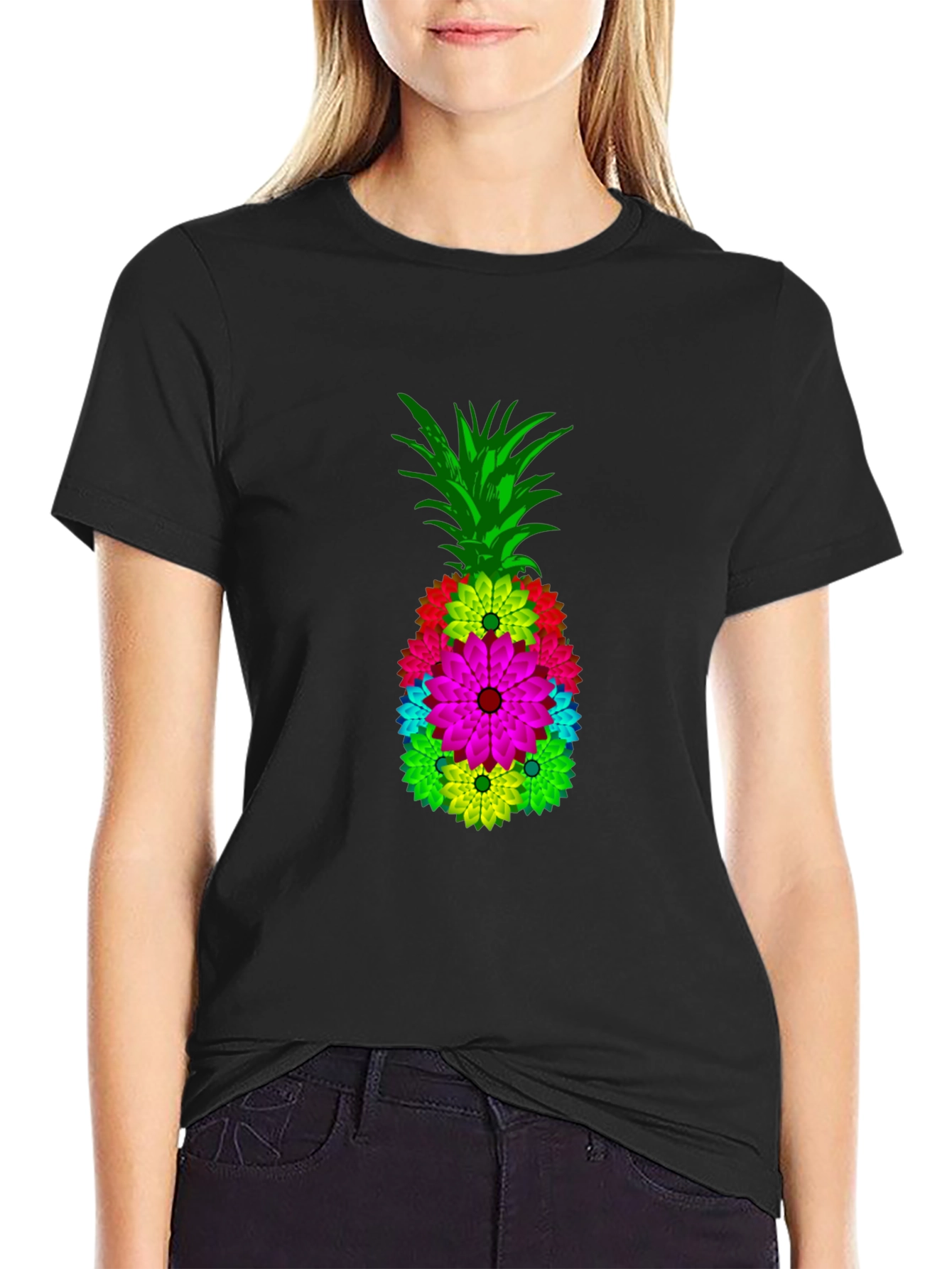 Floral Pineapple Graphic Tee - Black Cotton Blend