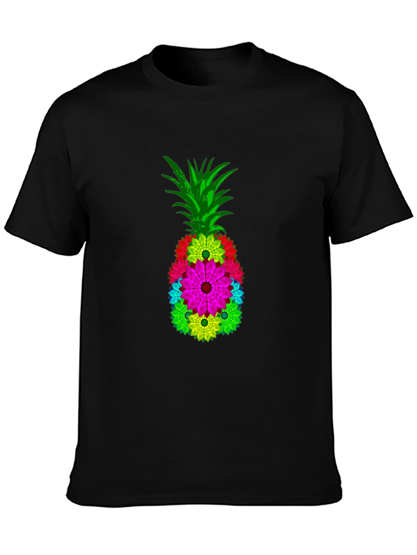 Floral Pineapple Graphic Tee - Black Cotton Blend