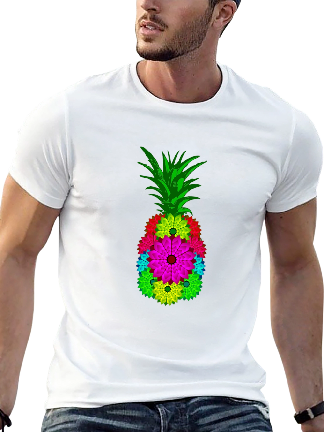 Floral Pineapple Graphic Tee - Black Cotton Blend