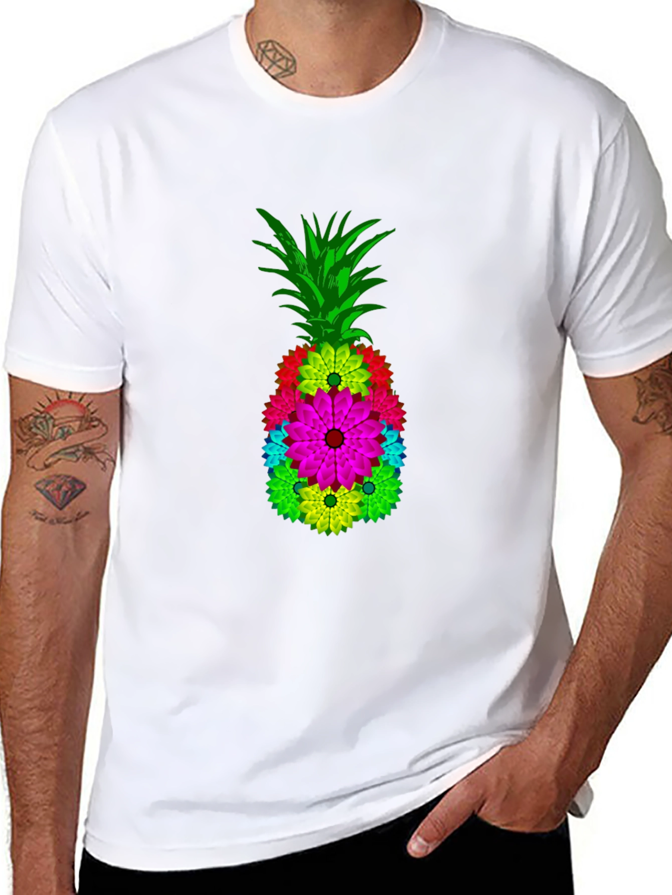 Floral Pineapple Graphic Tee - Black Cotton Blend