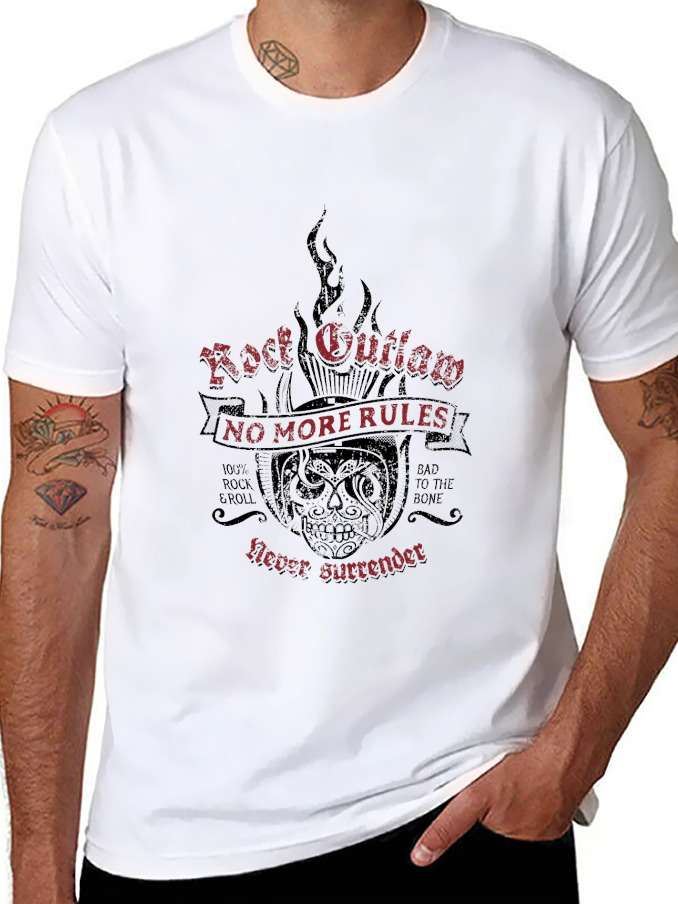 Rock Outlaw T-Shirt - Never Surrender Skull Graphic Tee