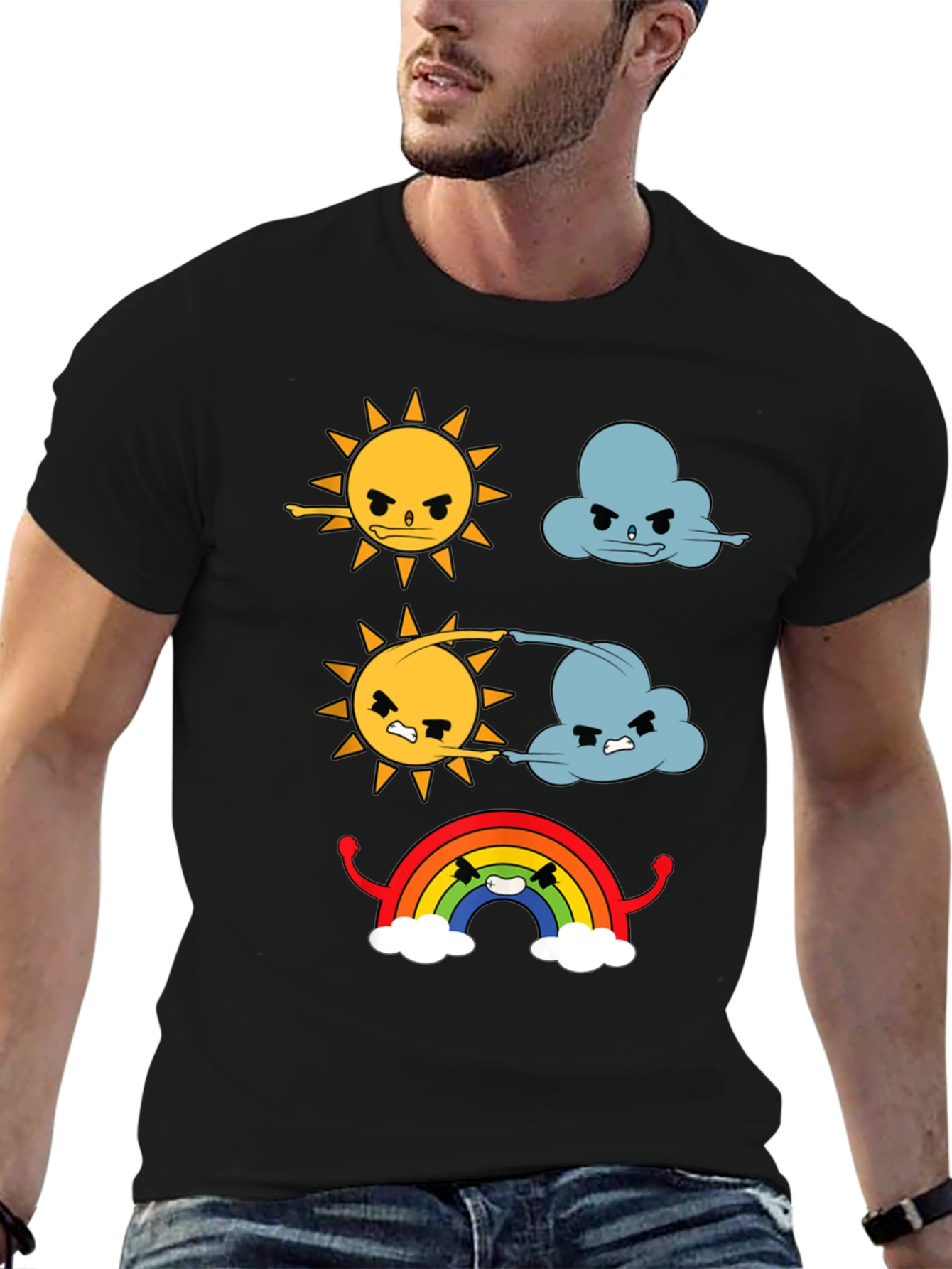 Funny Weather Cartoon Print Black T-Shirt