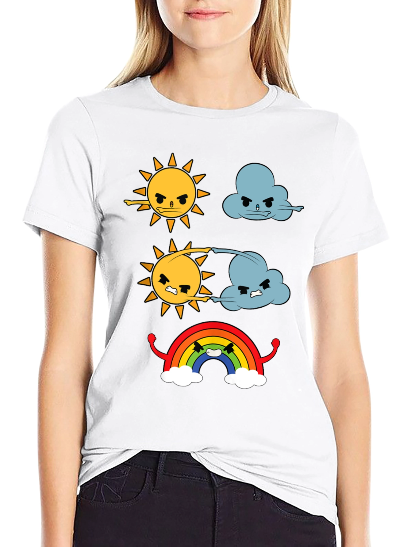 Funny Weather Cartoon Print Black T-Shirt