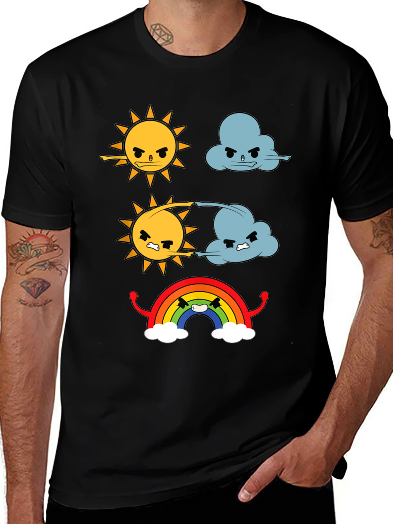 Funny Weather Cartoon Print Black T-Shirt