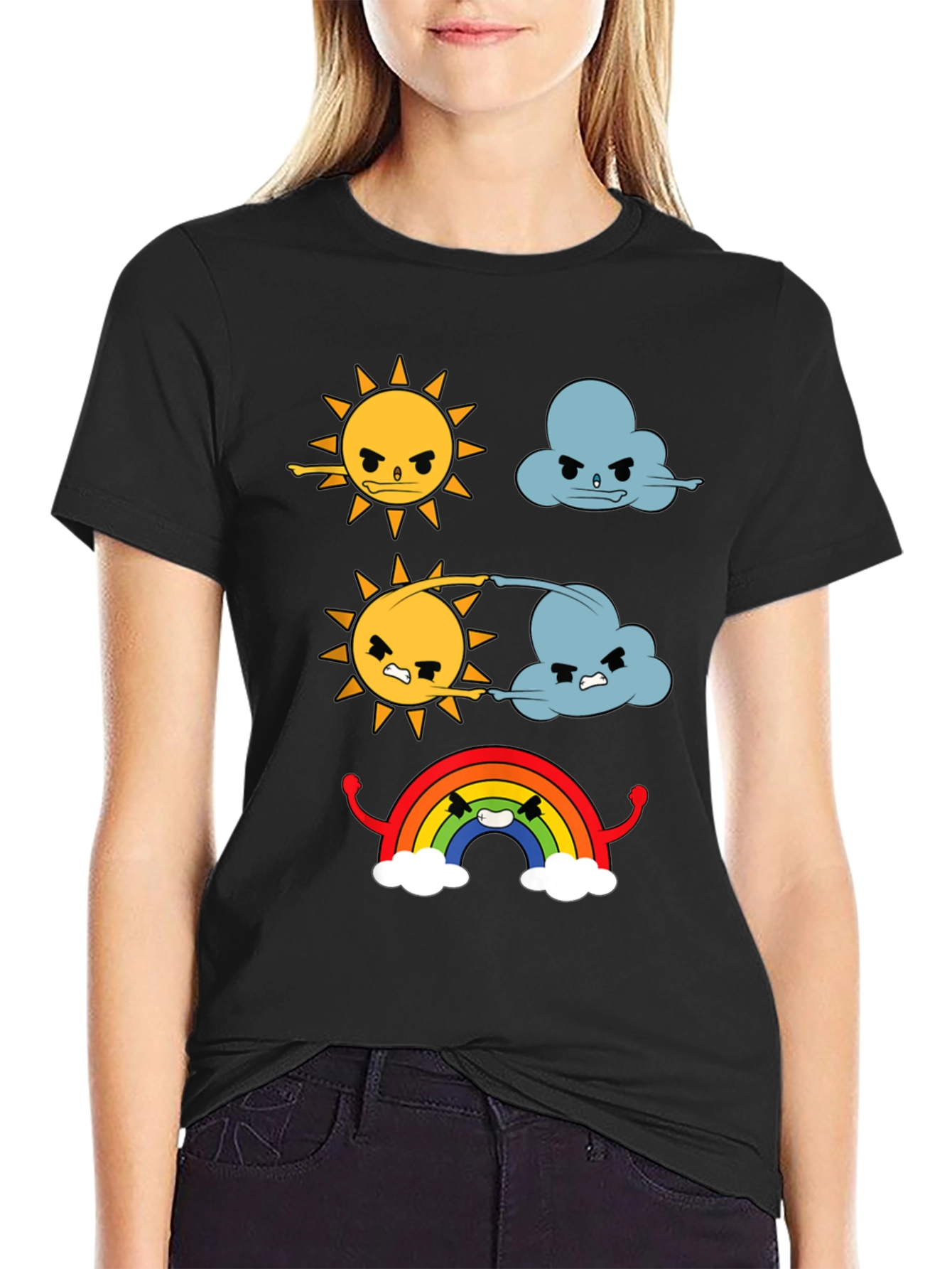 Funny Weather Cartoon Print Black T-Shirt