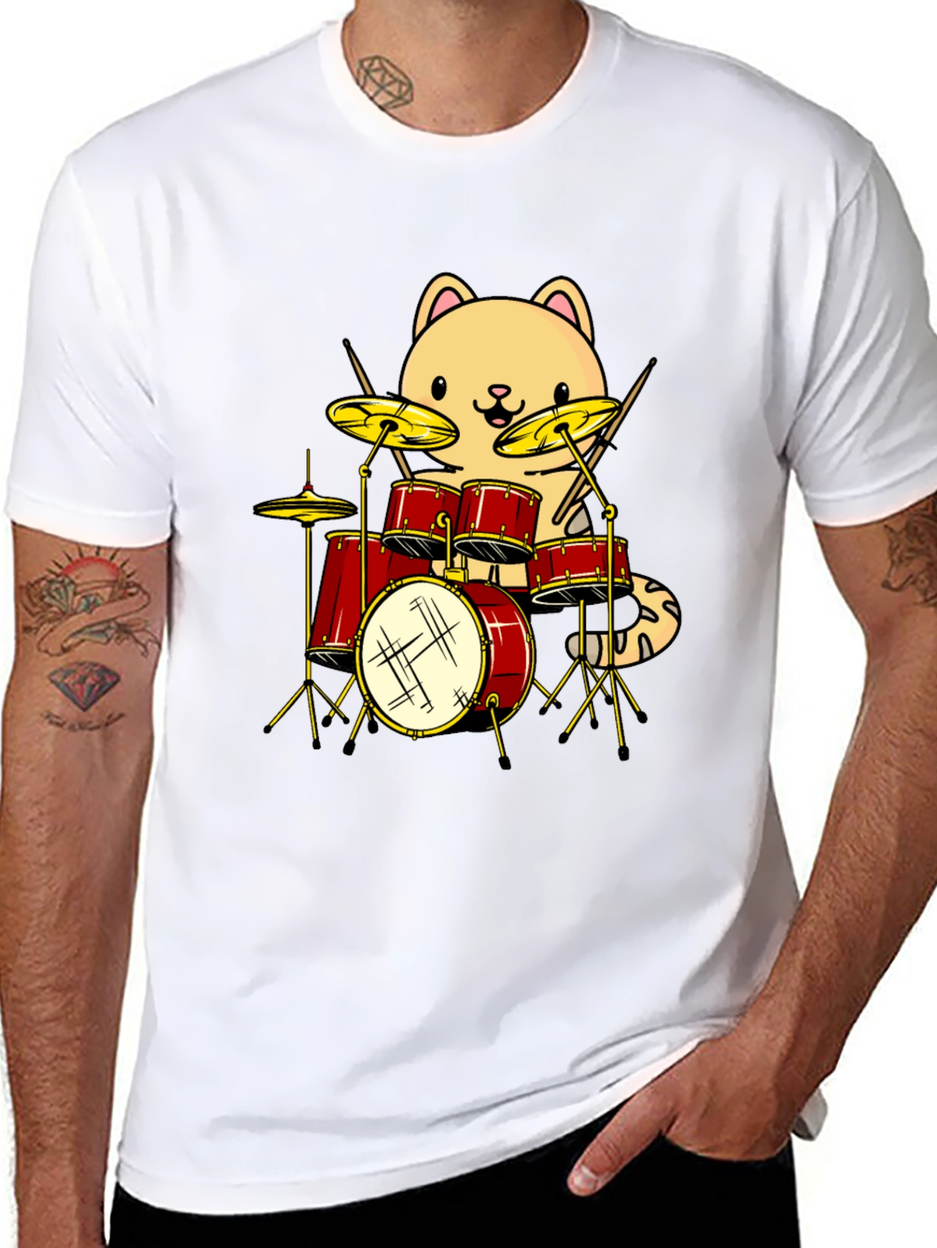 Cat Drummer Black T-Shirt - Funny Band Tee