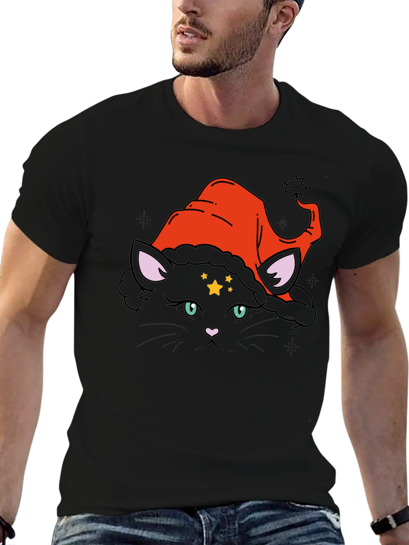 Witch Cat Graphic Tee - Black Cotton T-Shirt