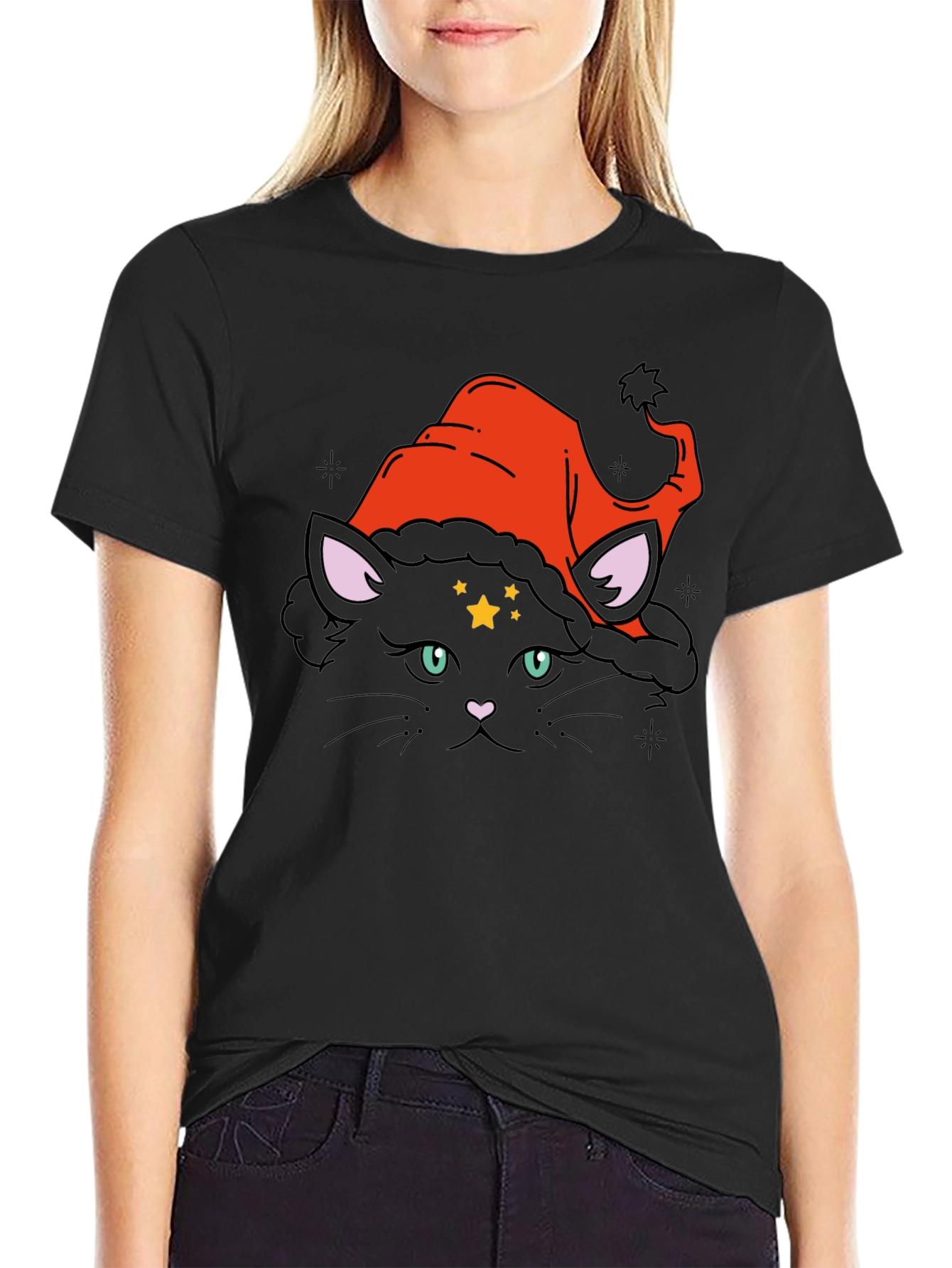 Witch Cat Graphic Tee - Black Cotton T-Shirt