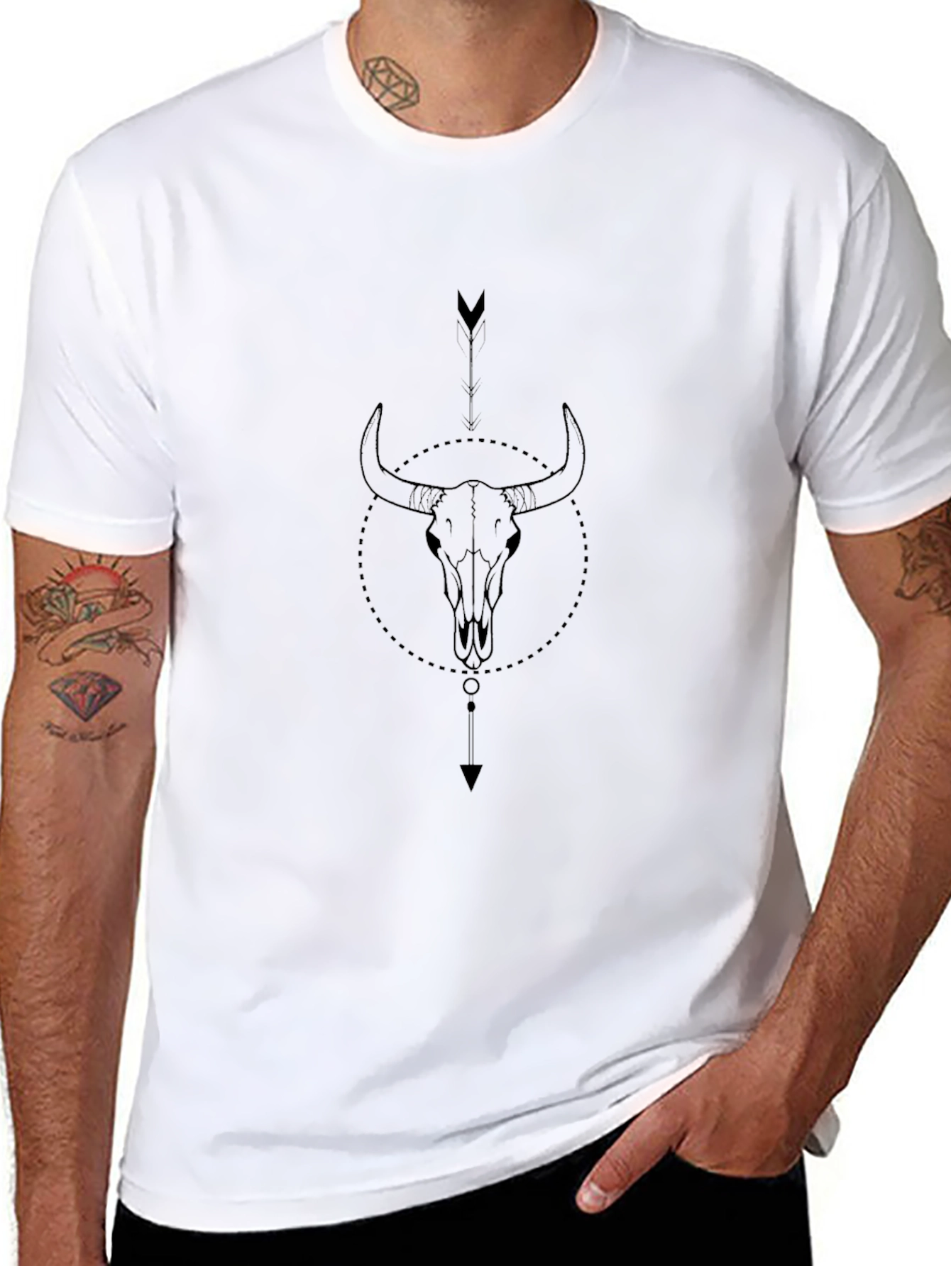 Geometric Bull Skull Graphic Black T-Shirt