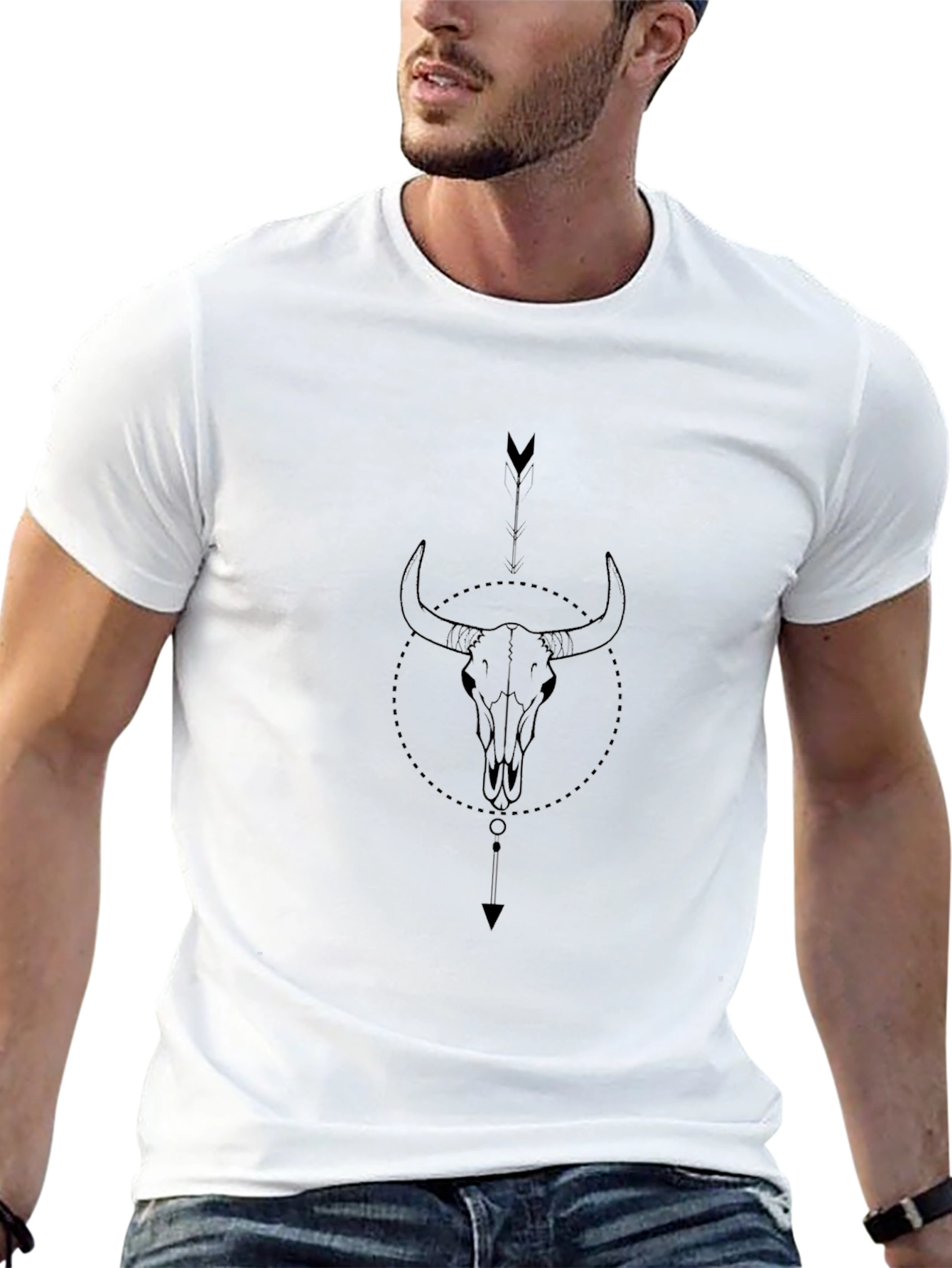 Geometric Bull Skull Graphic Black T-Shirt