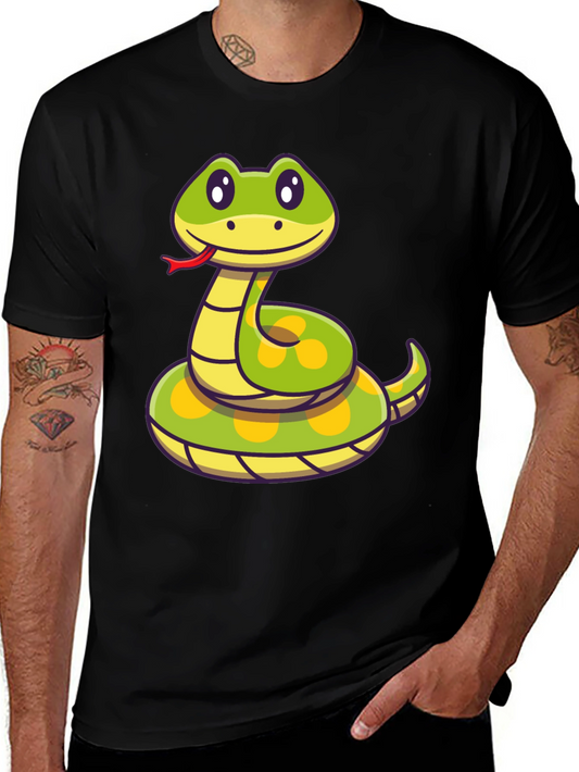 Cute Cartoon Snake T-Shirt - Black Crew Neck Tee