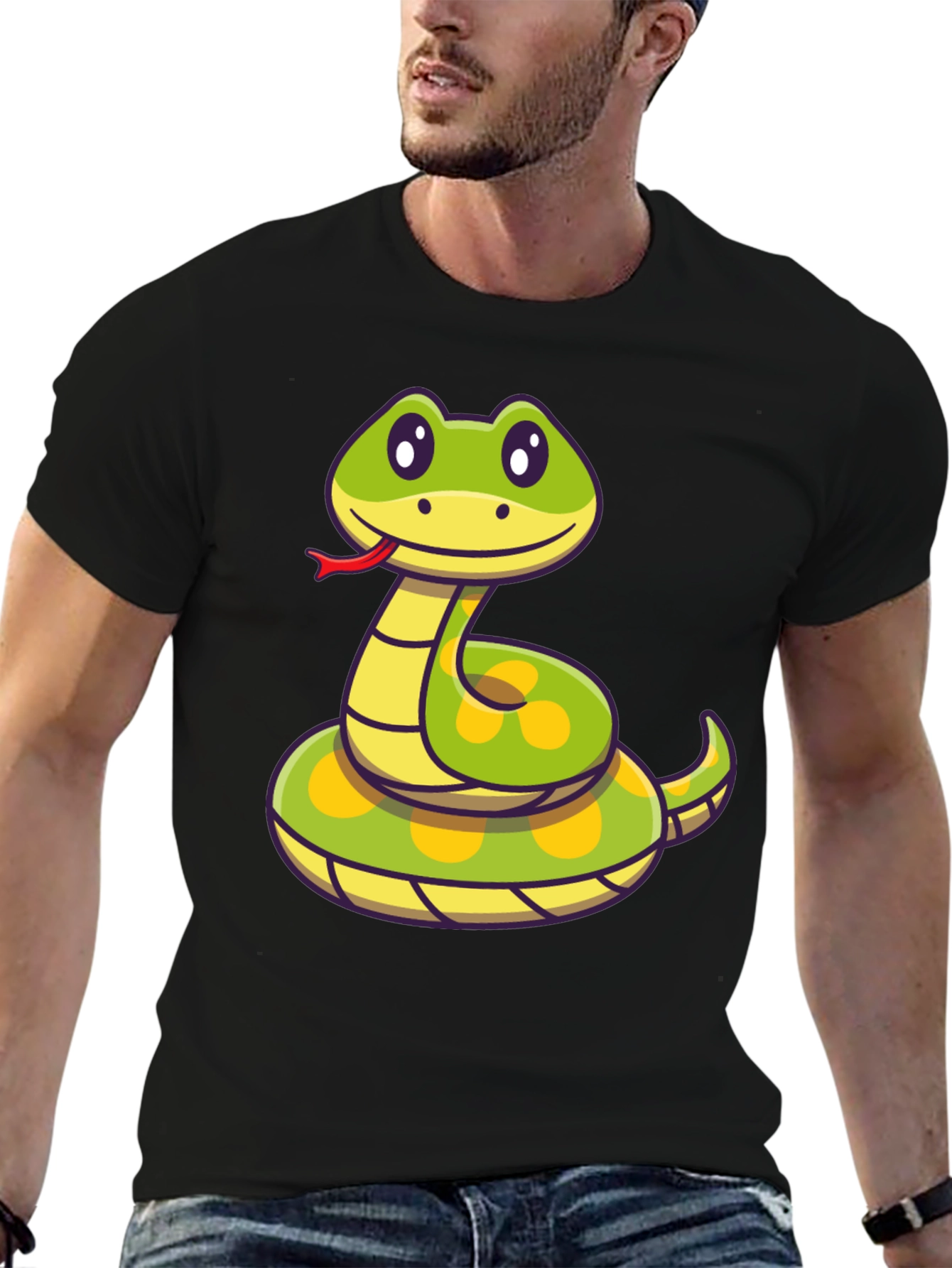 Cute Cartoon Snake T-Shirt - Black Crew Neck Tee
