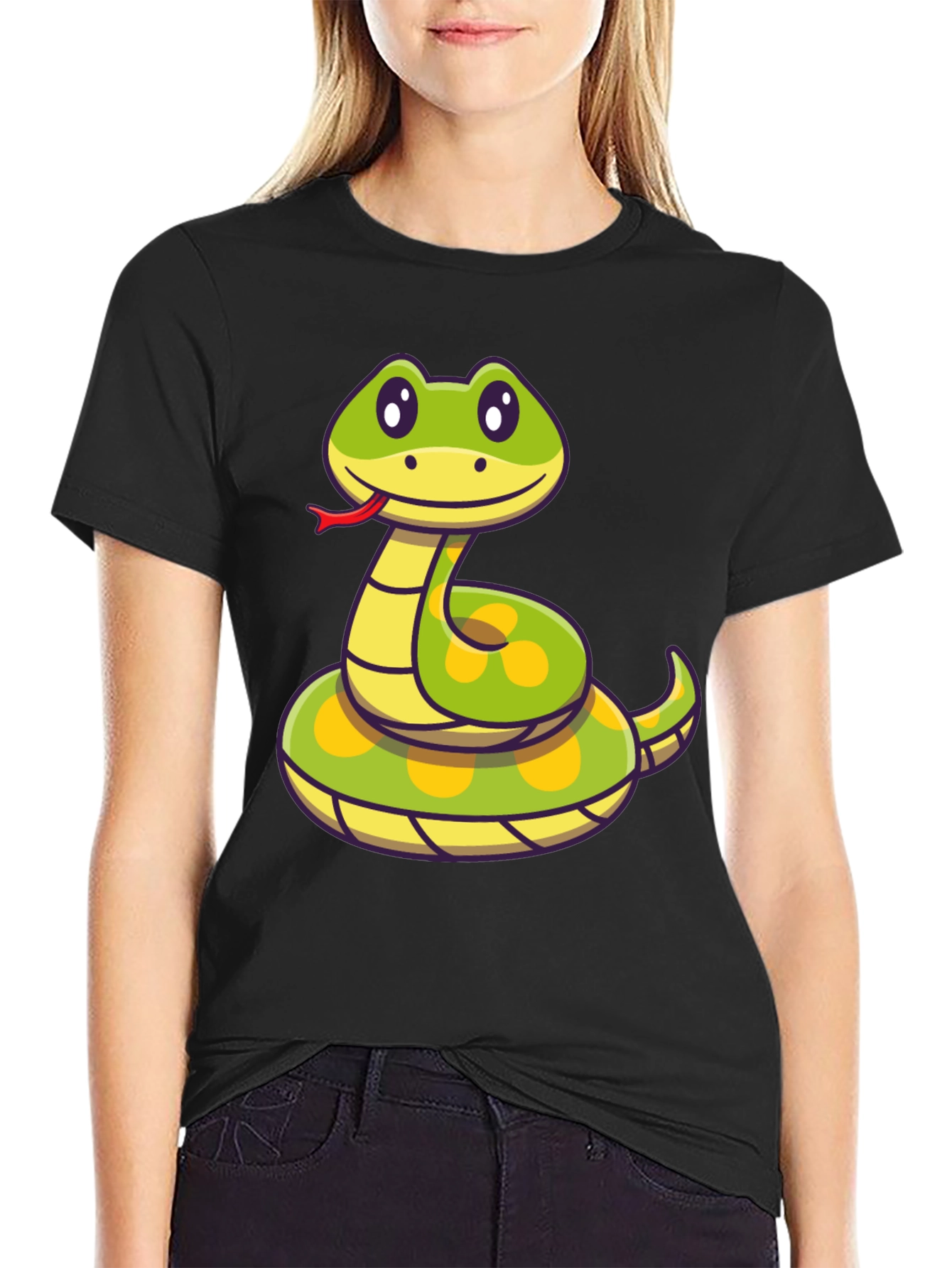 Cute Cartoon Snake T-Shirt - Black Crew Neck Tee