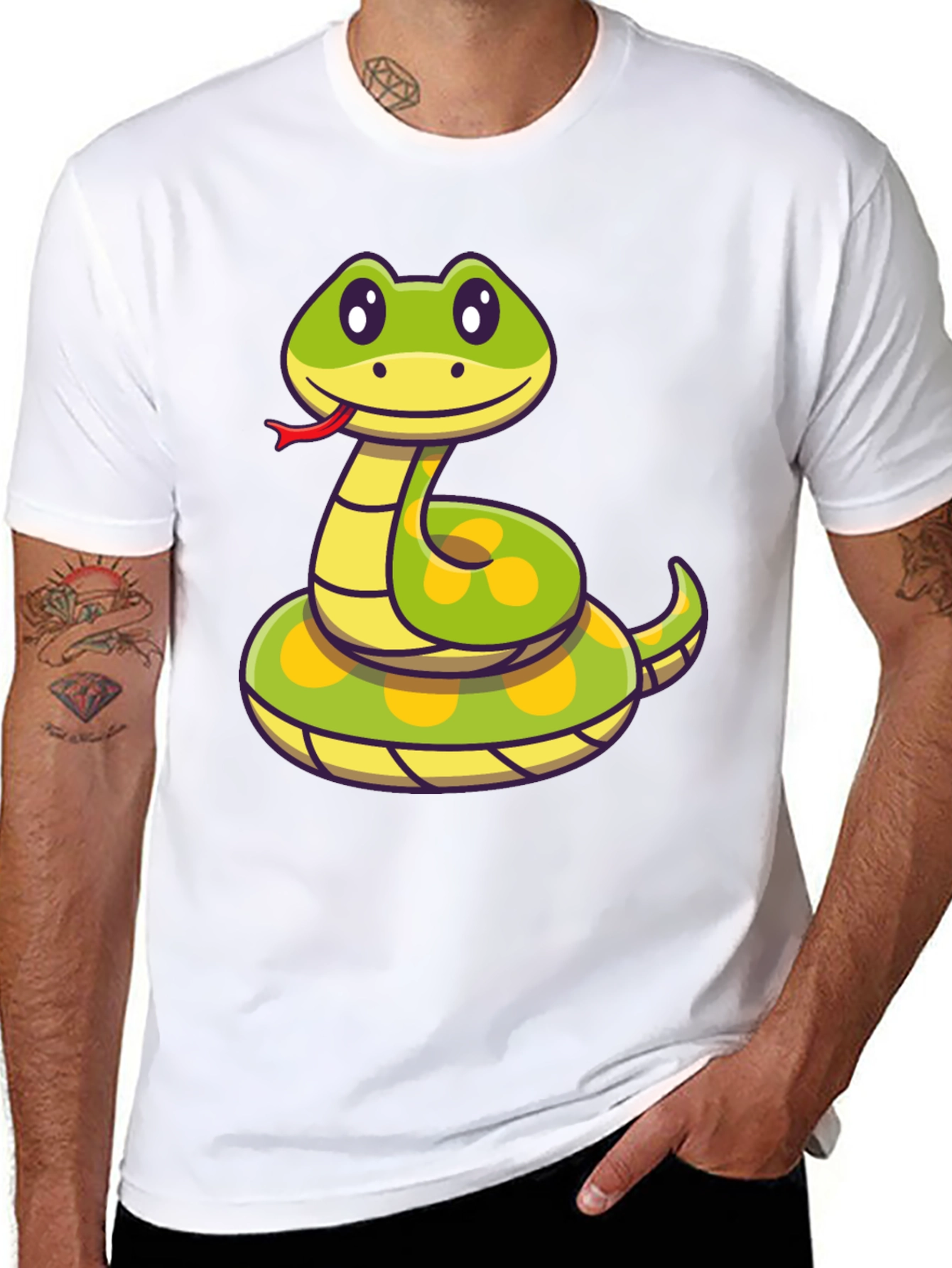 Cute Cartoon Snake T-Shirt - Black Crew Neck Tee