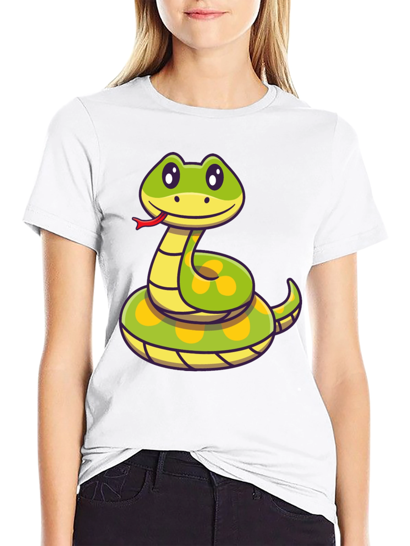 Cute Cartoon Snake T-Shirt - Black Crew Neck Tee