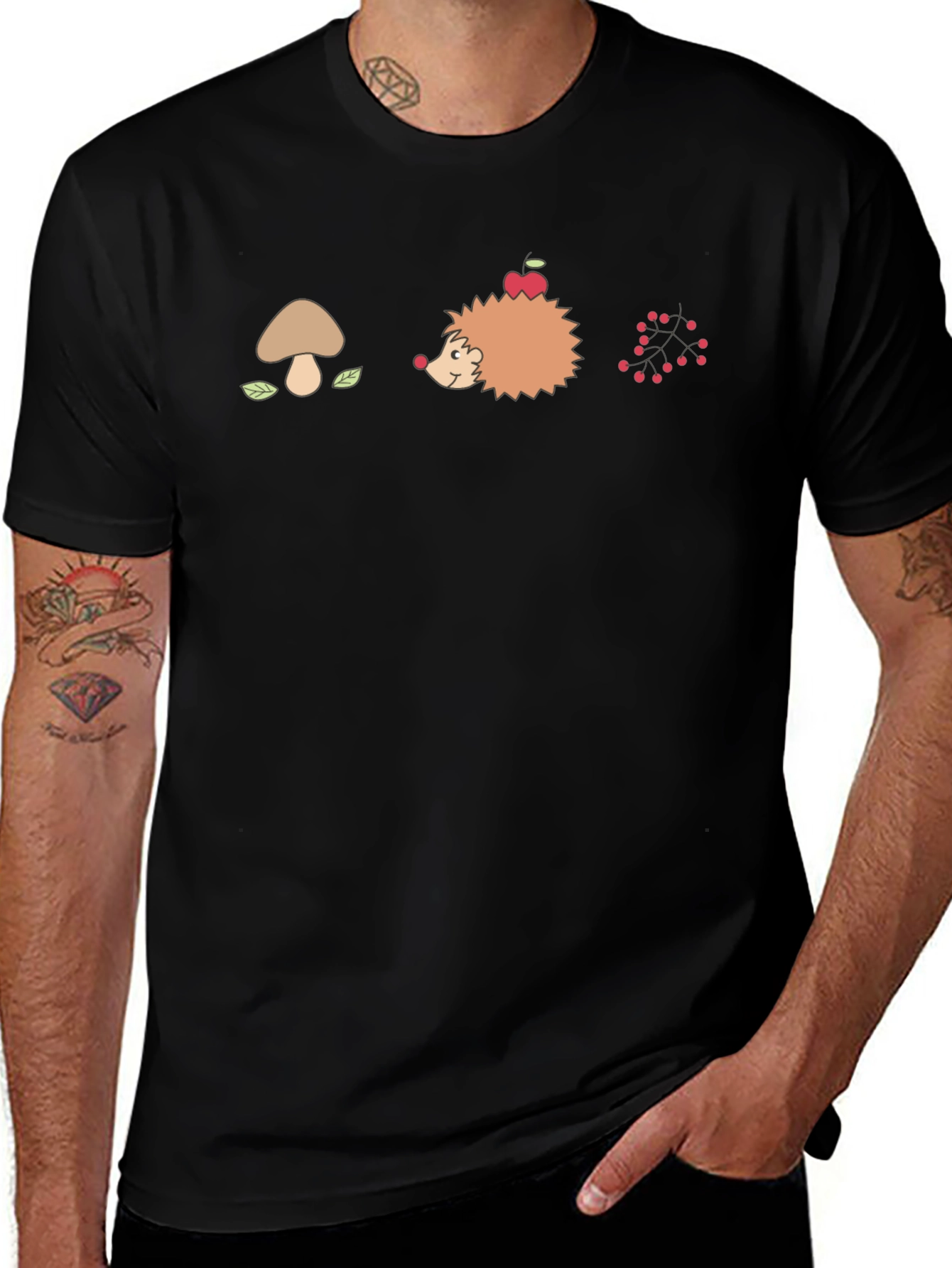 Mens Black Graphic T-Shirt - Mushroom Hedgehog Berries Design