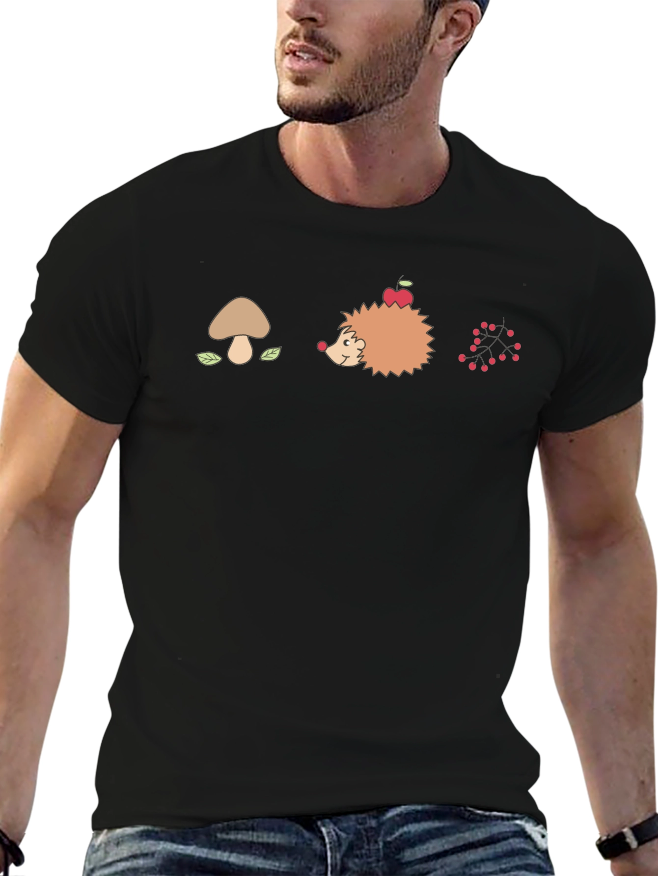 Mens Black Graphic T-Shirt - Mushroom Hedgehog Berries Design
