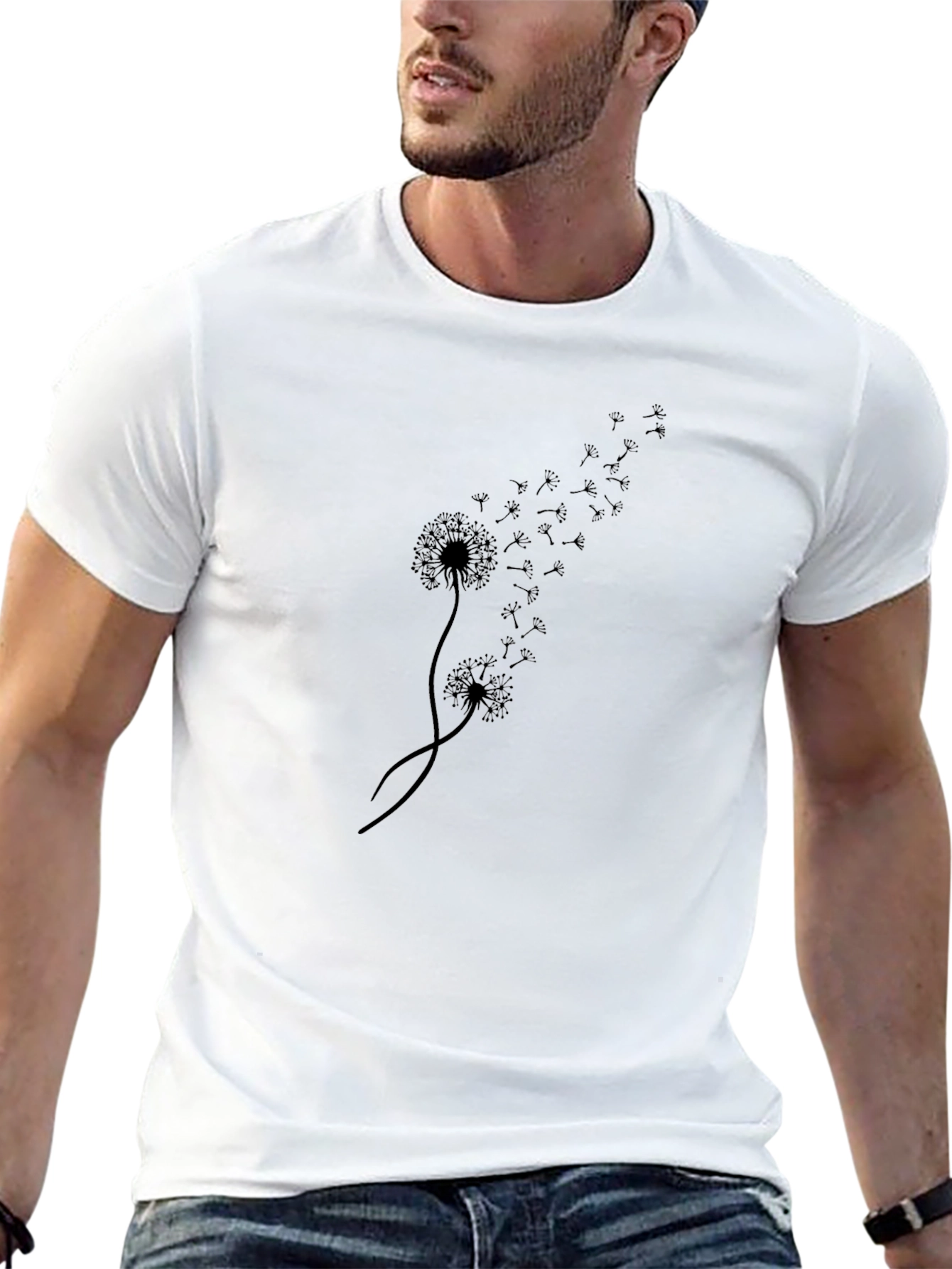 Dandelion Print Black T-Shirt - Casual Cotton Tee