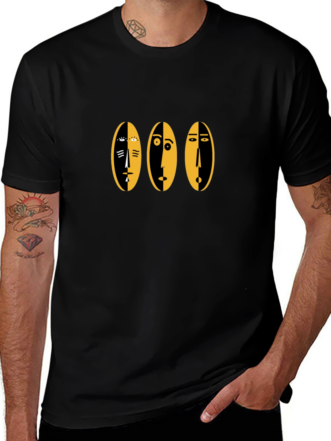 Abstract Faces Graphic Tee - Black Cotton Casual Shirt