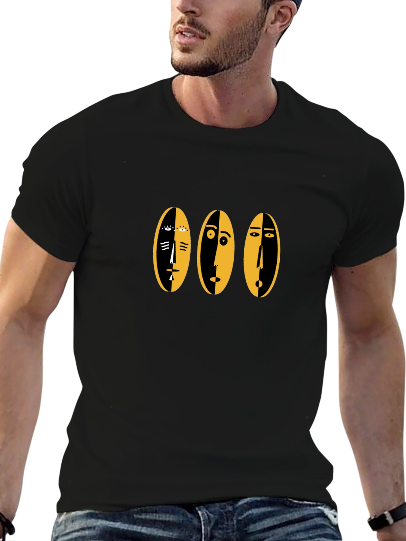 Abstract Faces Graphic Tee - Black Cotton Casual Shirt