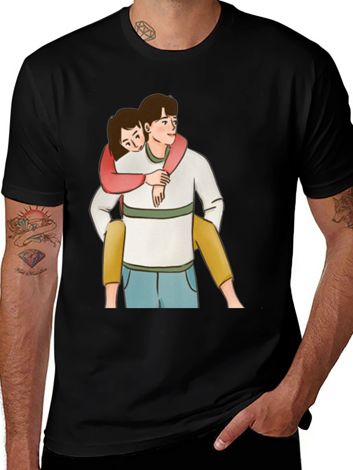 Cute Couple Piggyback Ride Black T-Shirt