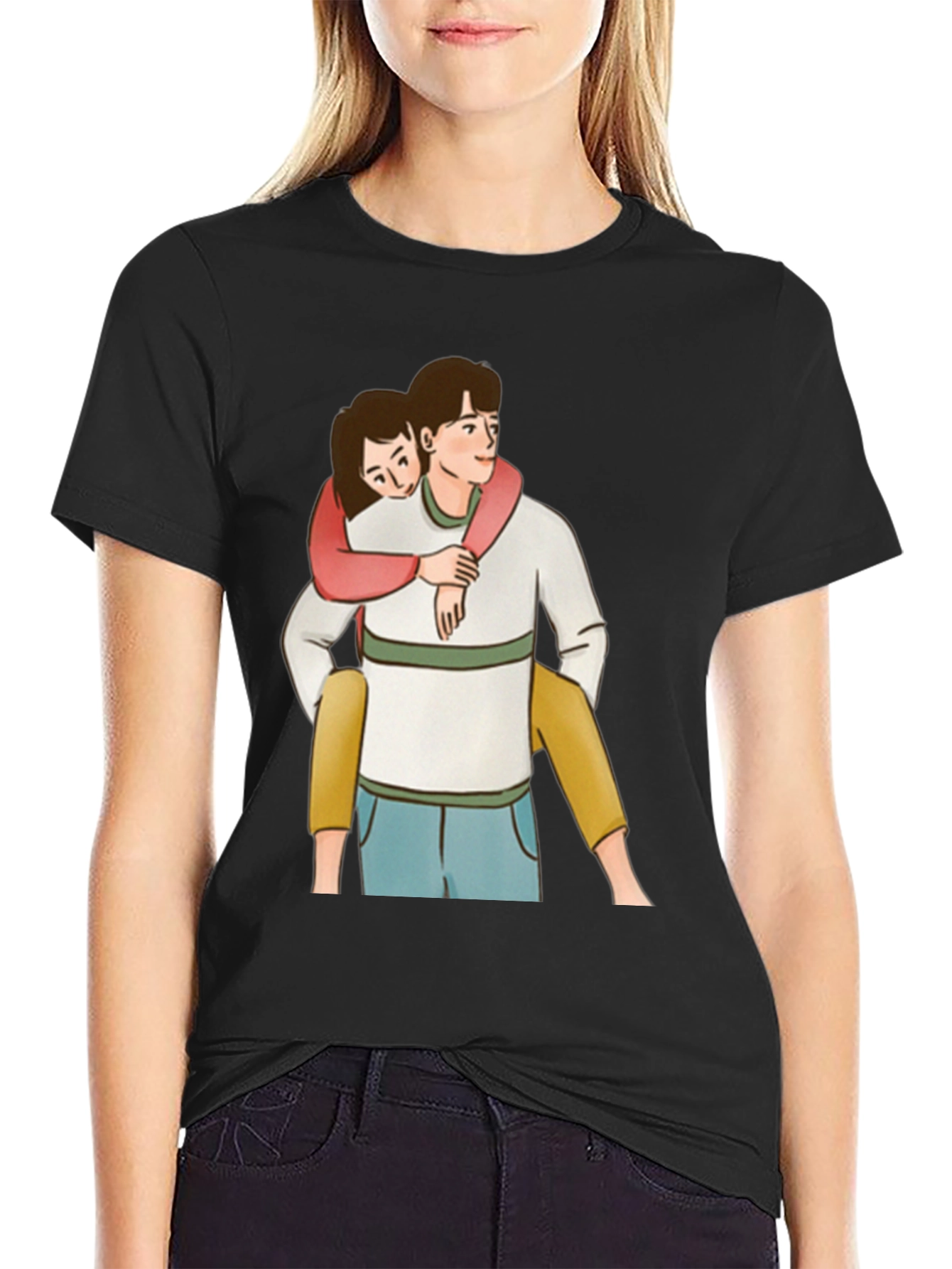 Cute Couple Piggyback Ride Black T-Shirt