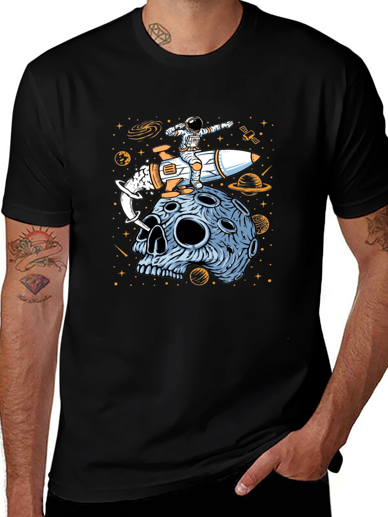 Astronaut Rocket Moon Skull Graphic T-Shirt