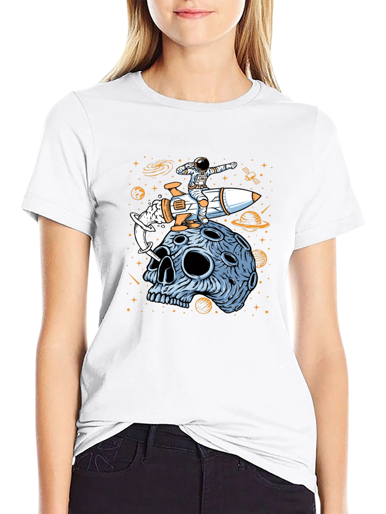 Astronaut Rocket Moon Skull Graphic T-Shirt