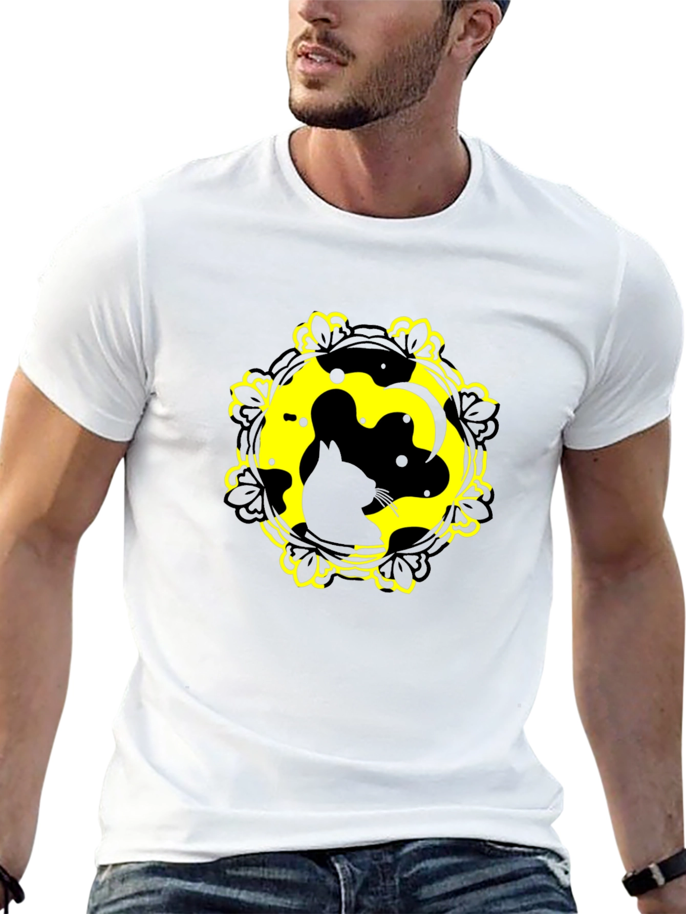 Cat Yin Yang Graphic Tee - Black Cotton Blend