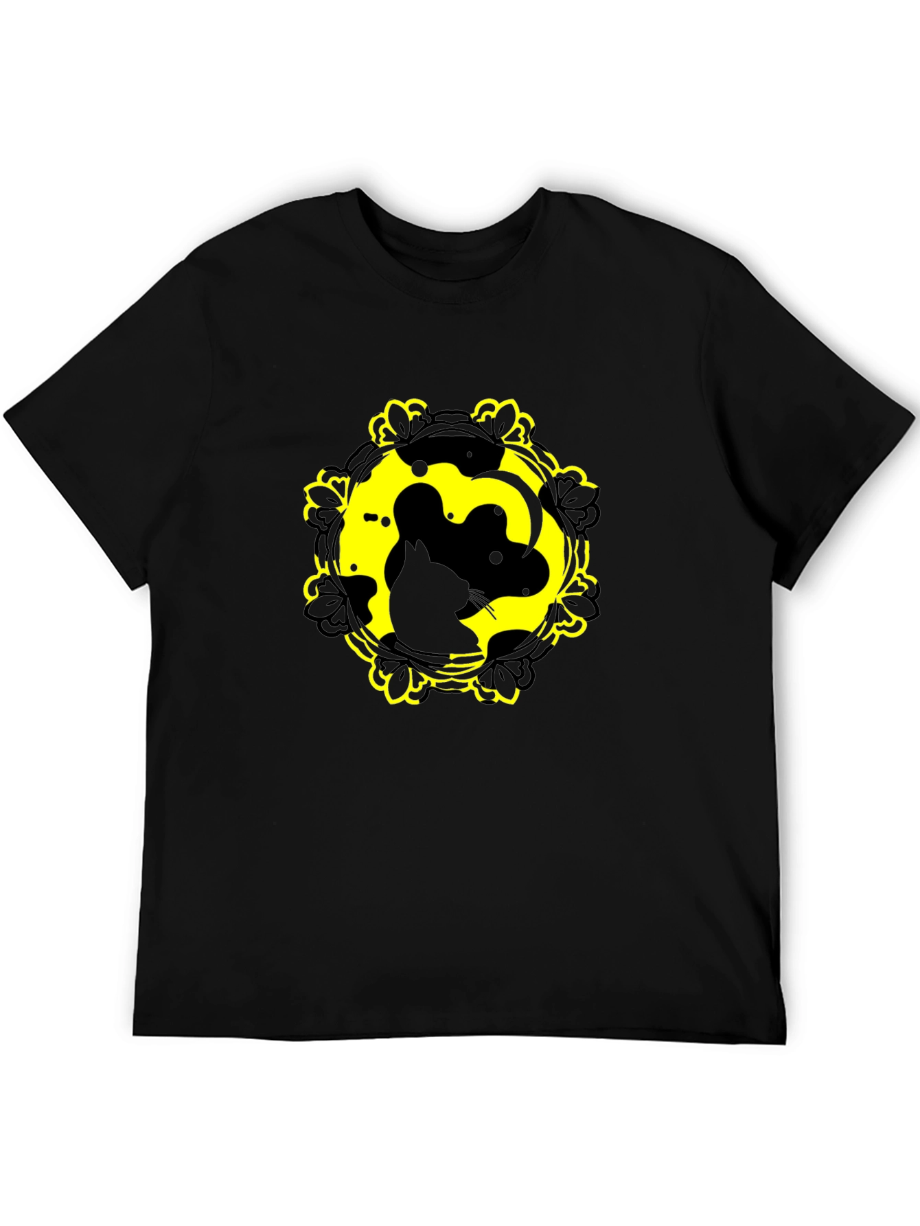 Cat Yin Yang Graphic Tee - Black Cotton Blend