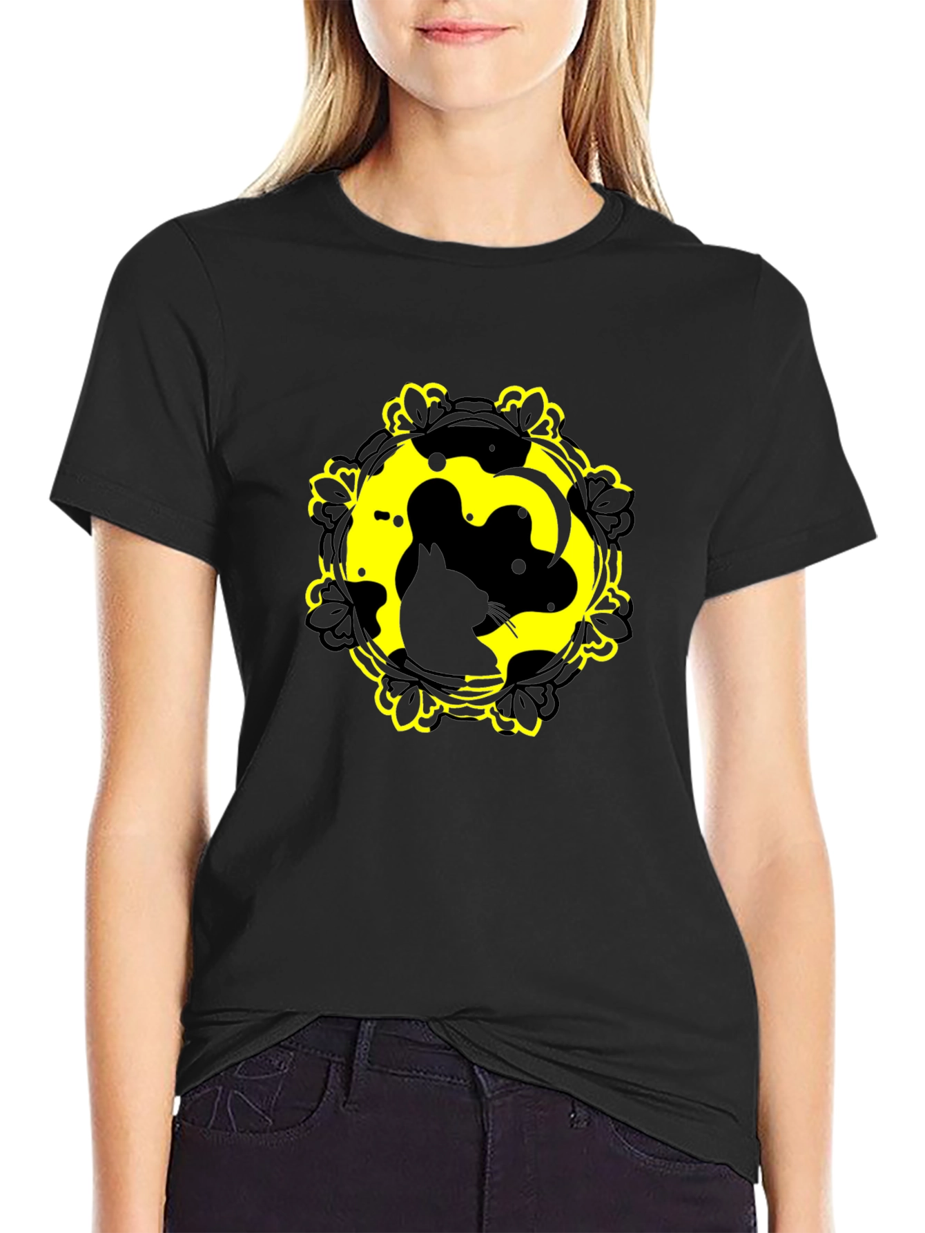 Cat Yin Yang Graphic Tee - Black Cotton Blend