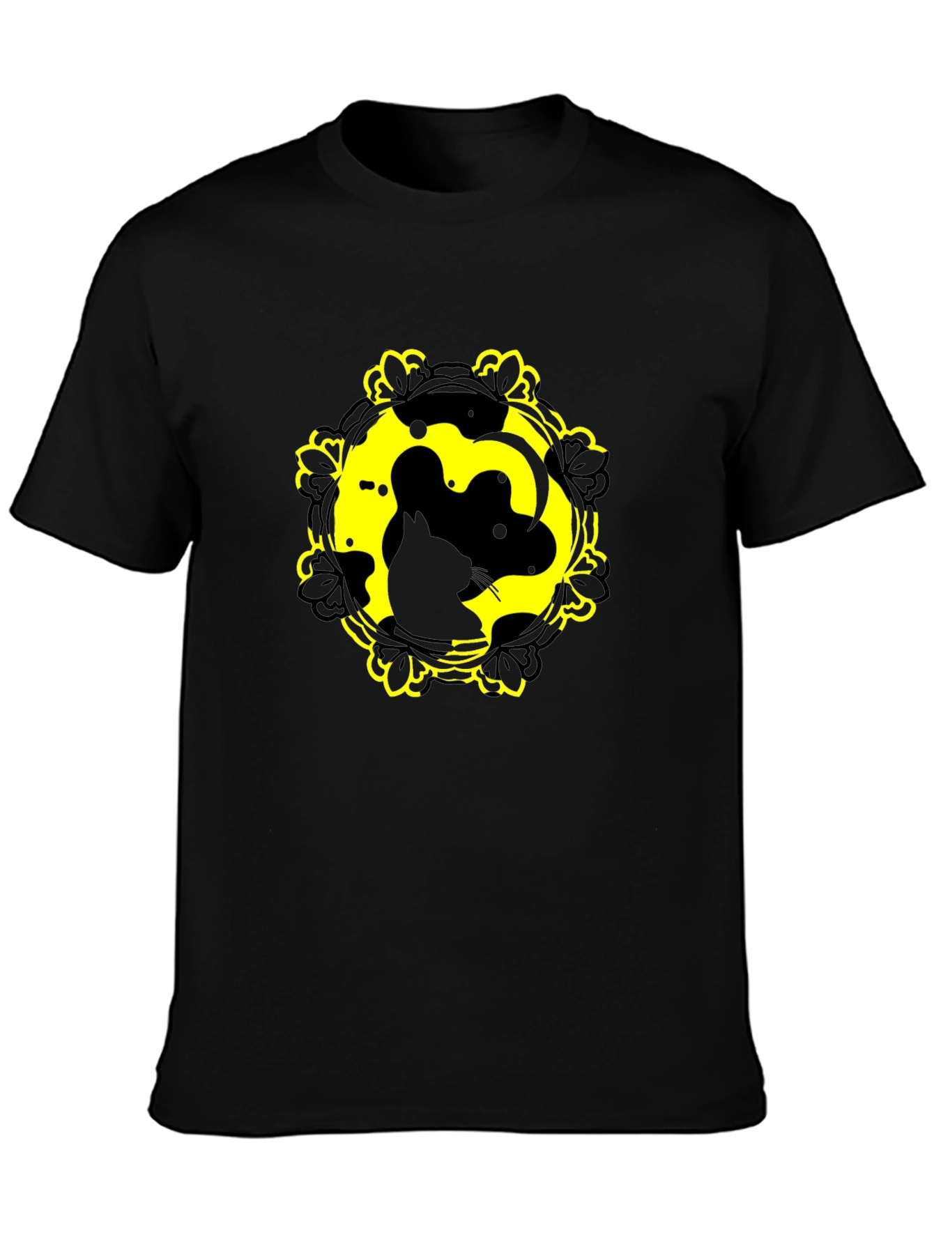 Cat Yin Yang Graphic Tee - Black Cotton Blend