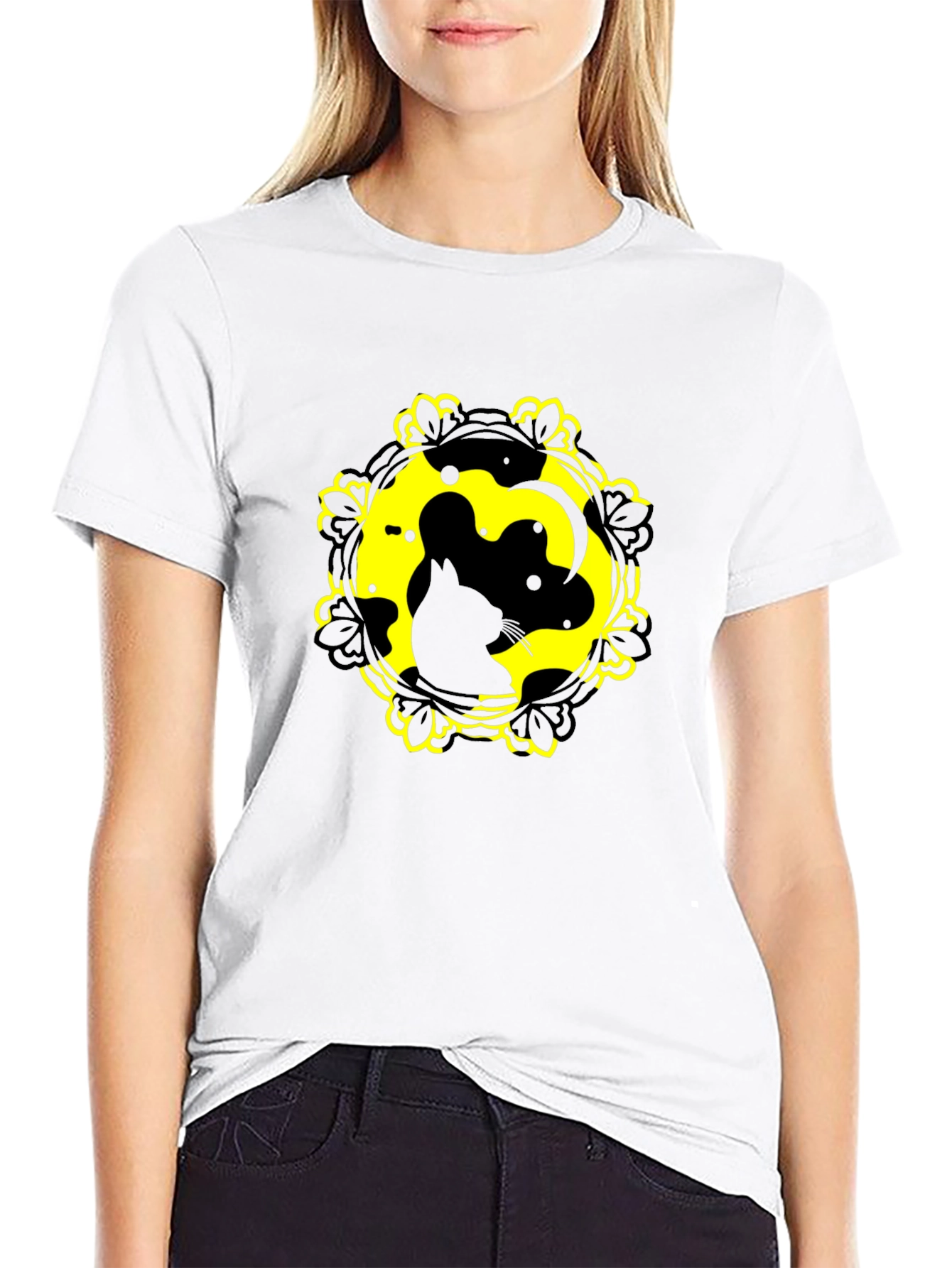 Cat Yin Yang Graphic Tee - Black Cotton Blend