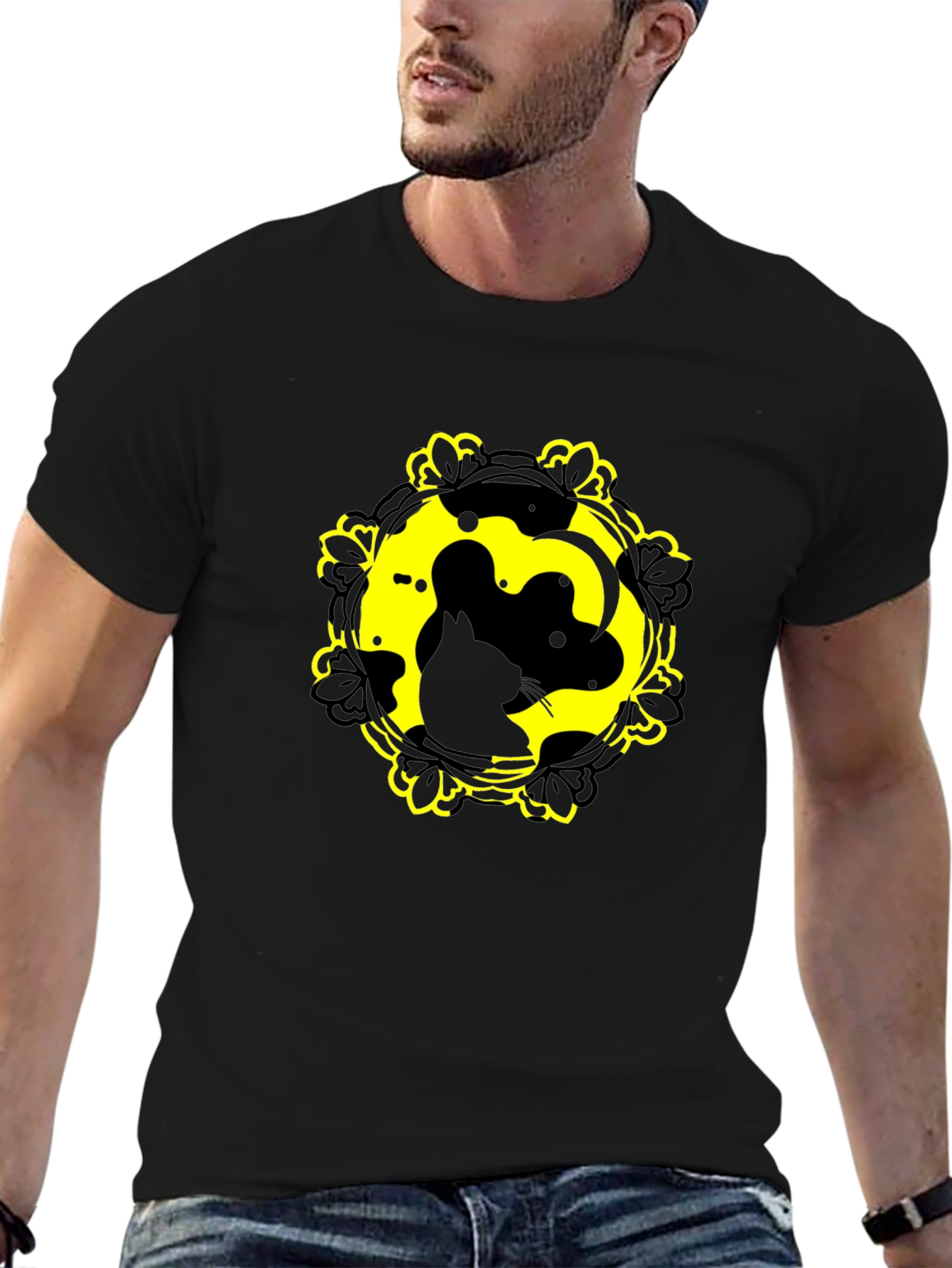 Cat Yin Yang Graphic Tee - Black Cotton Blend